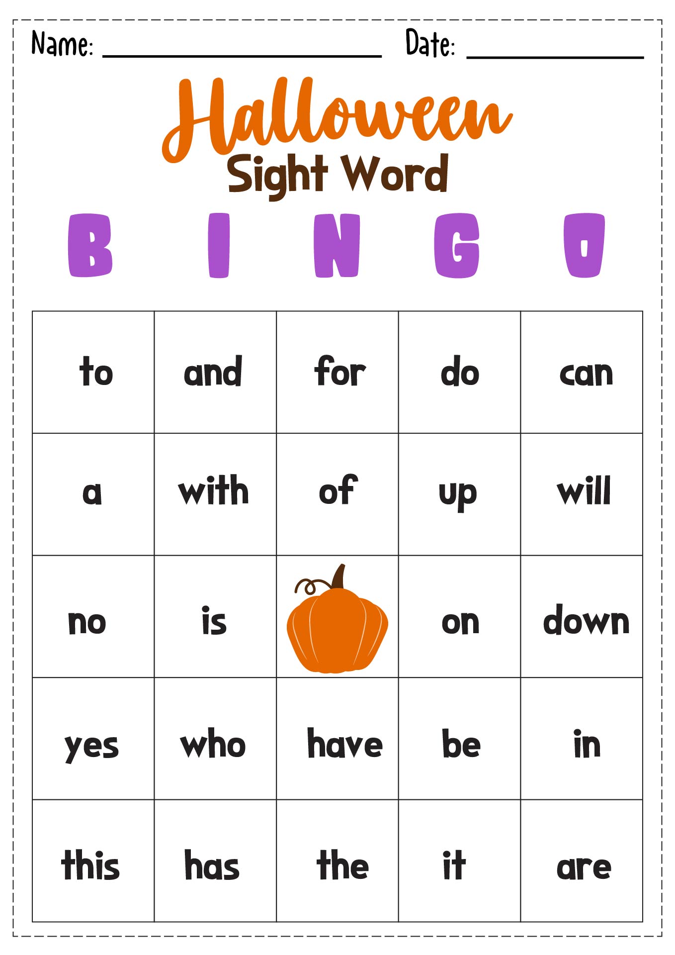 Spooky Halloween Sight Word Bingo Sheets