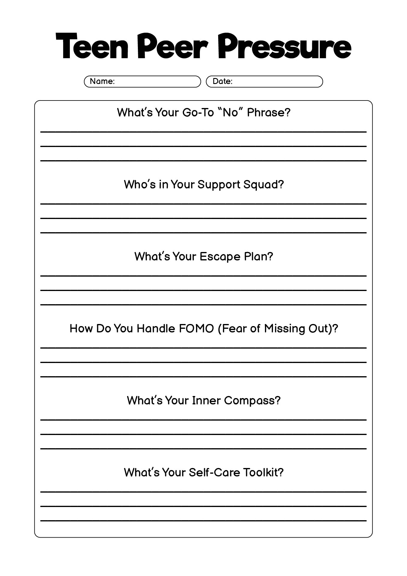 Teen Peer Pressure Worksheets Printable