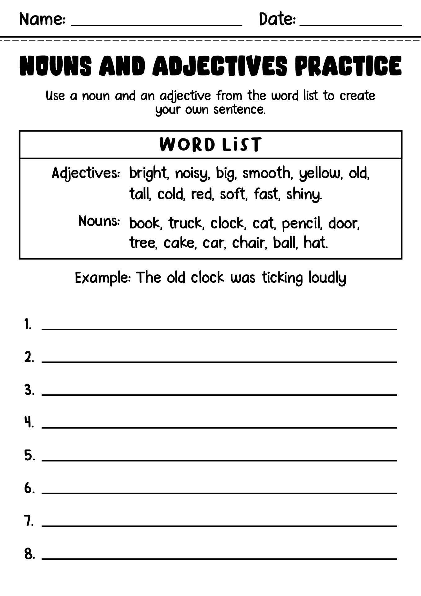 Third Grade Adjectives and Nouns Practice Sheets