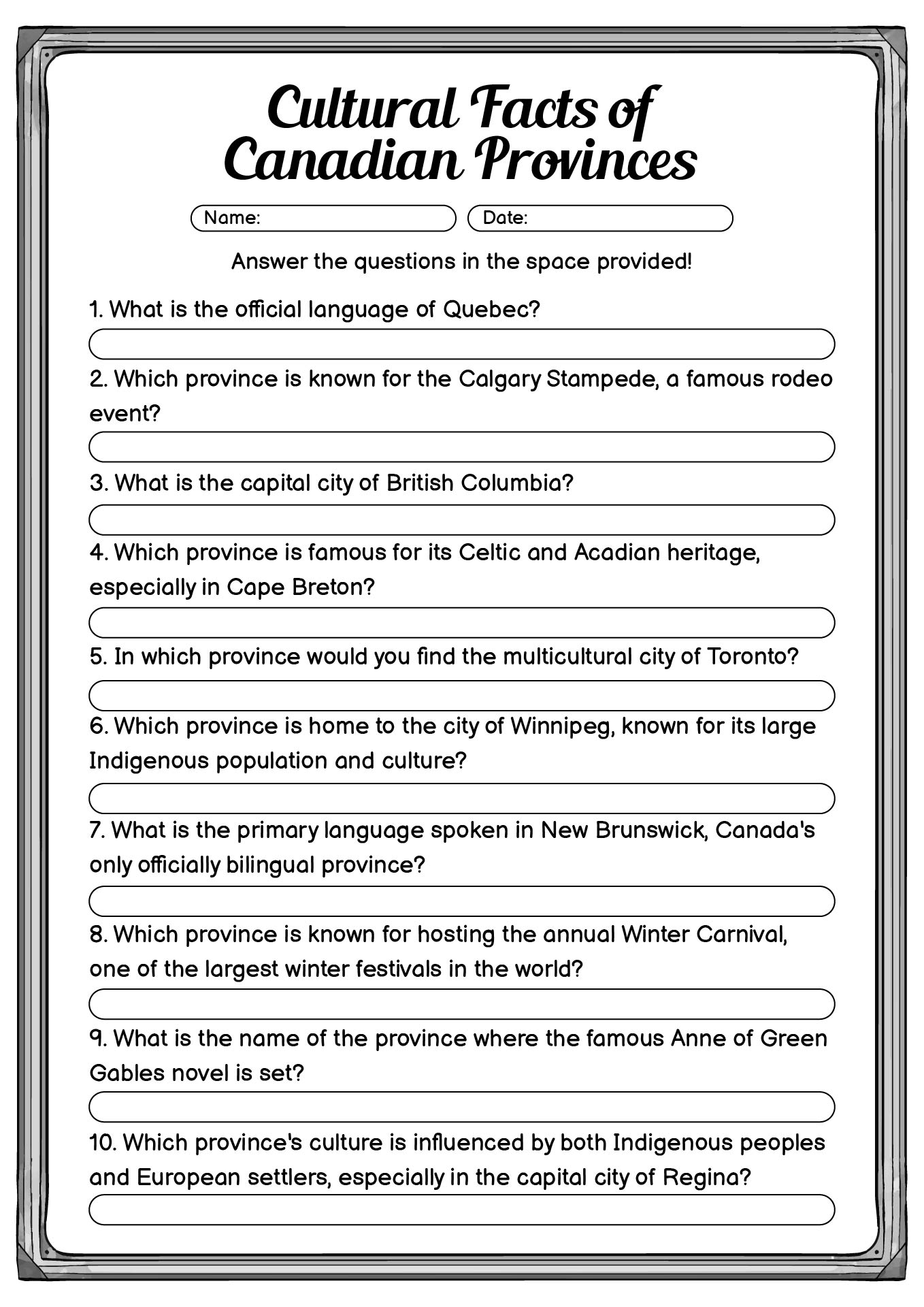 Worksheets on Cultural Facts of Canadian Provinces