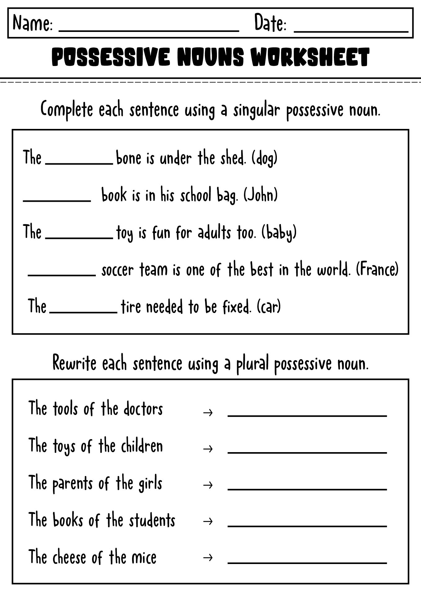 Worksheets on Singular and Plural Possessive Nouns