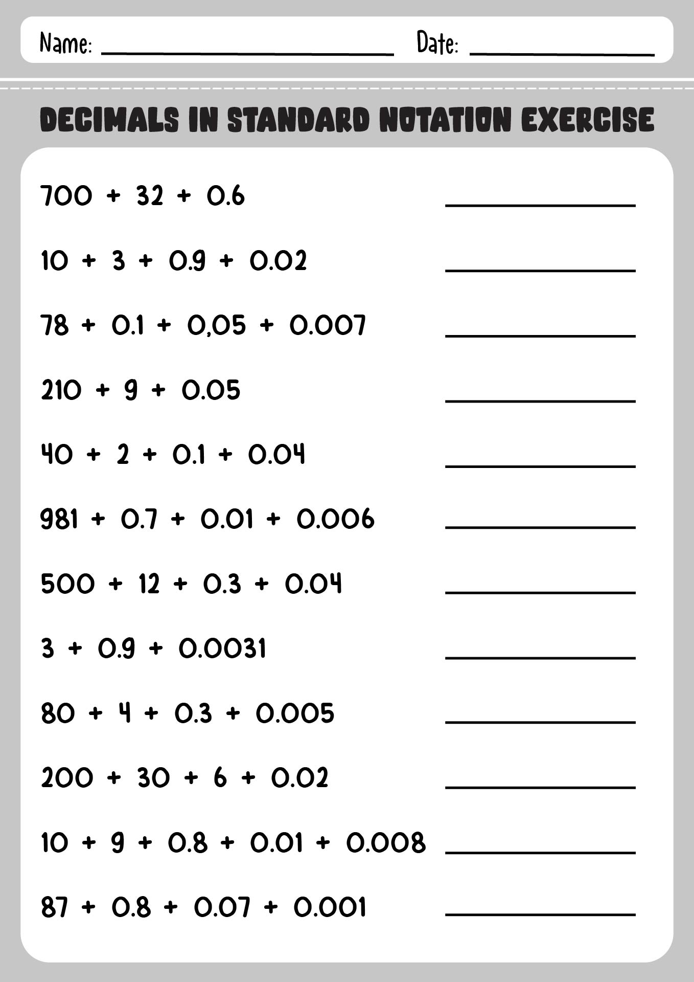 Writing Decimals In Standard Notation Exercises