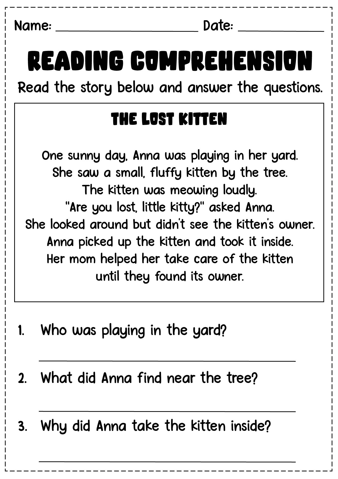 1st Grade Reading Comprehension Story Worksheets