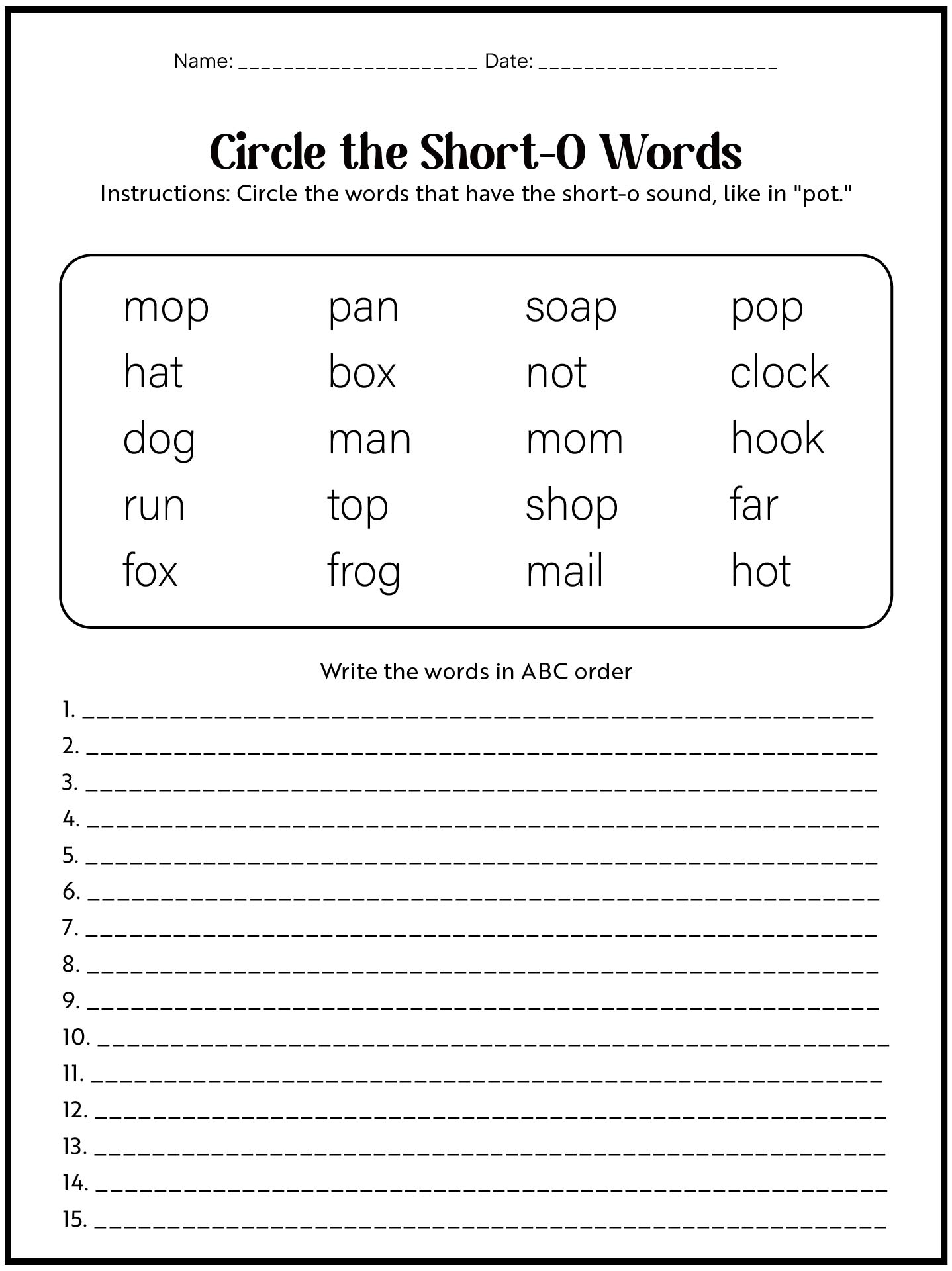 1st Grade Short-O Phonics Worksheets