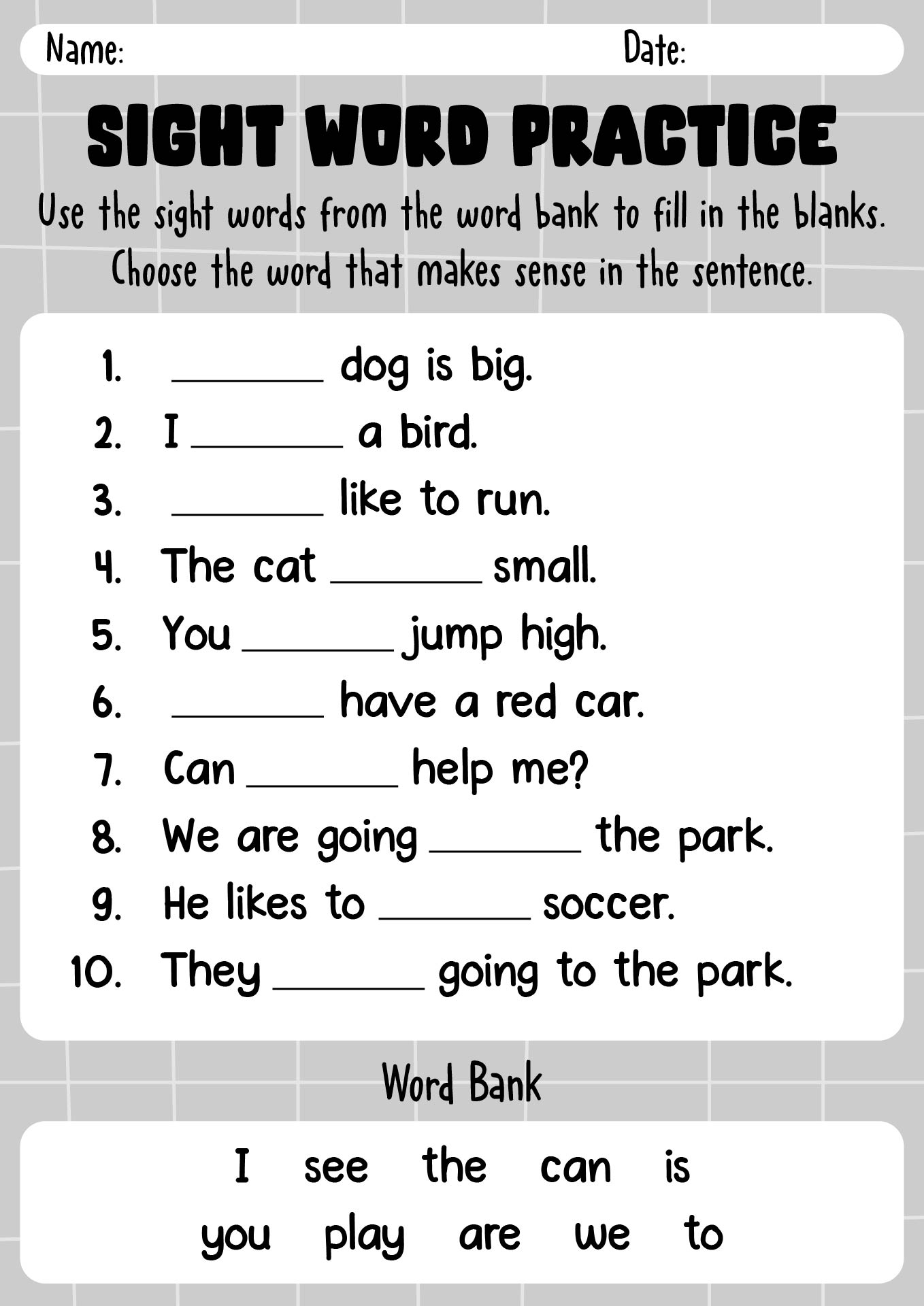 1st Grade Sight Word Reading Practice Worksheets