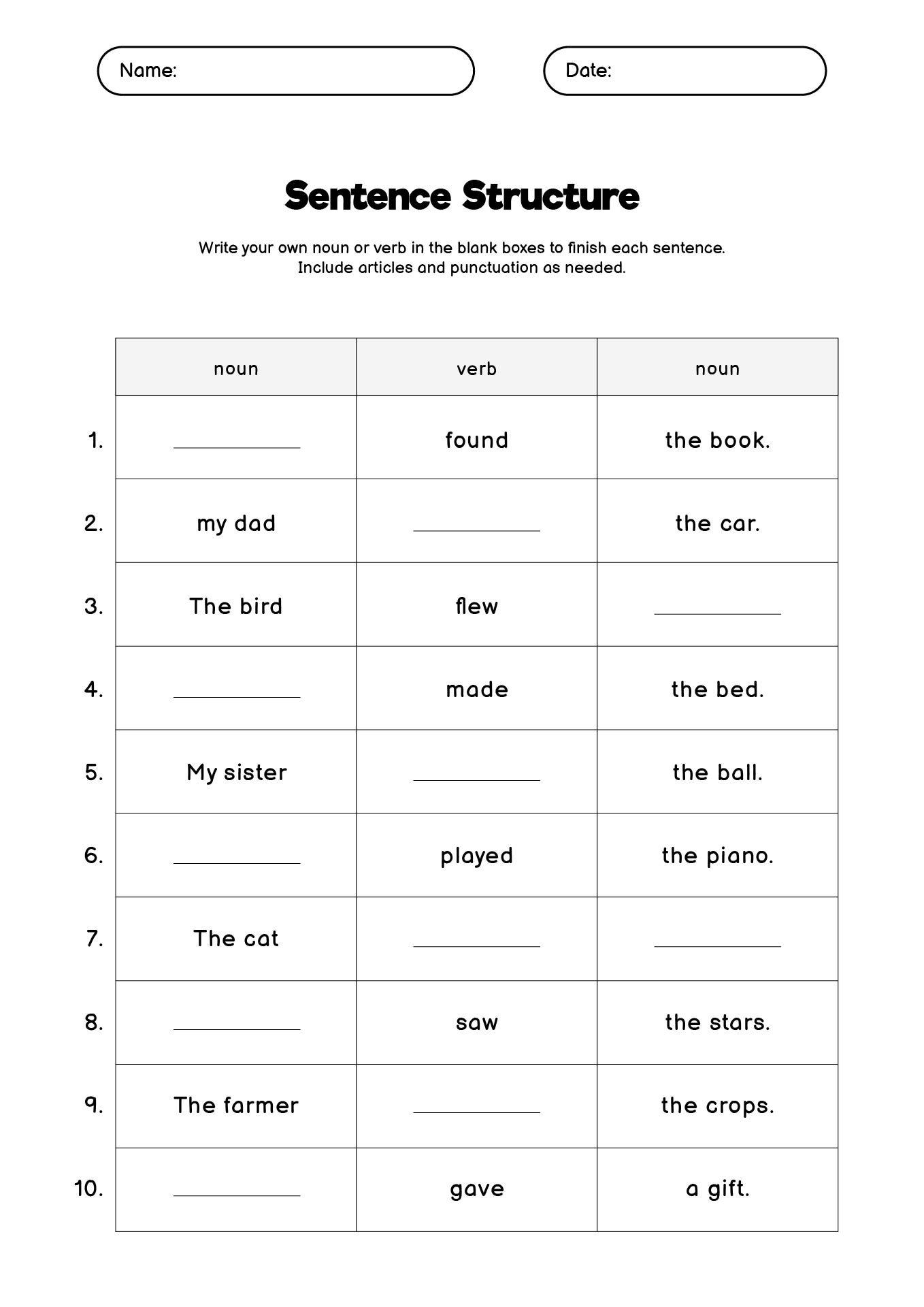 2nd Grade Sentence Structure Practice Sheets