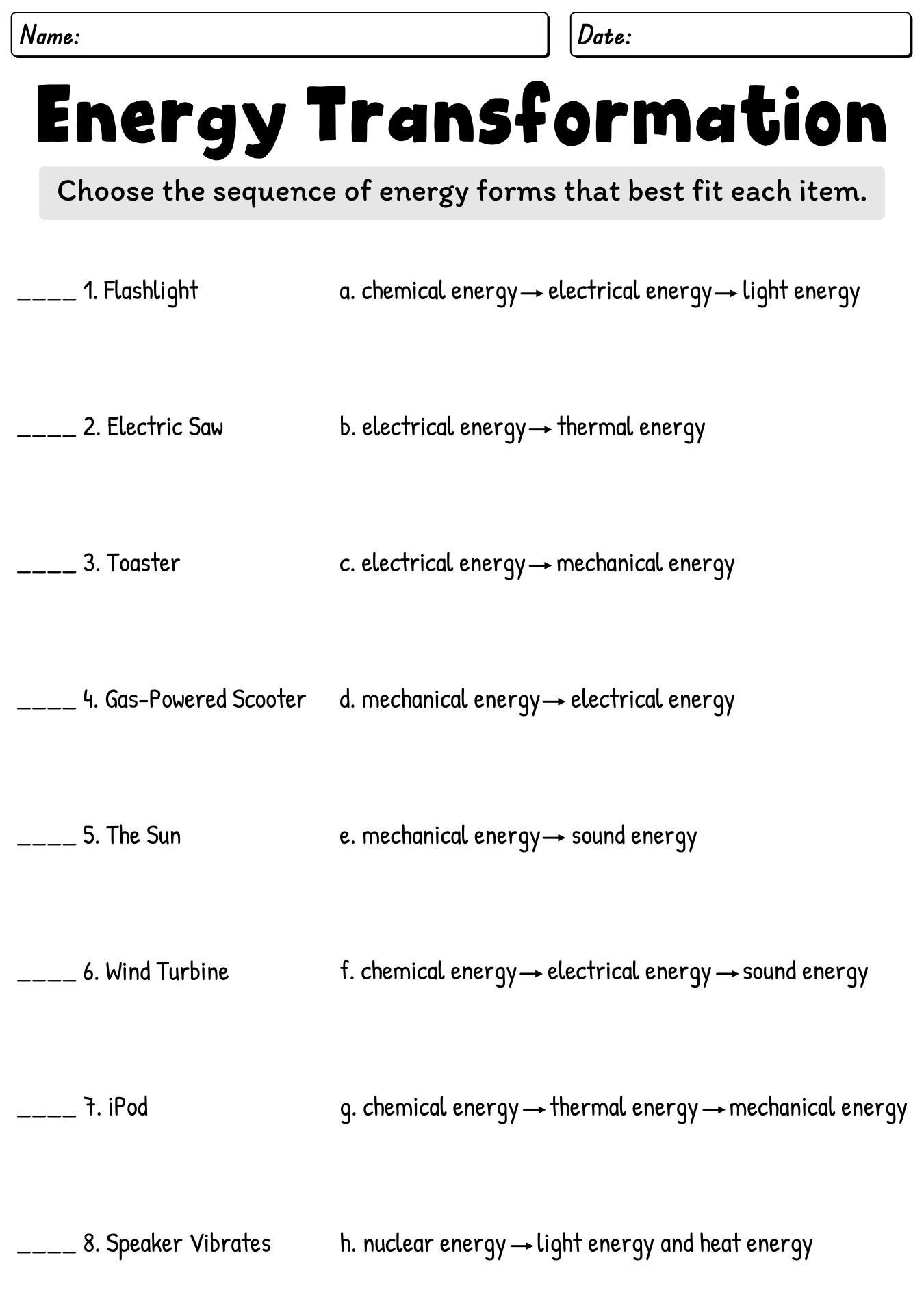 3rd Grade Energy Transformation Worksheets