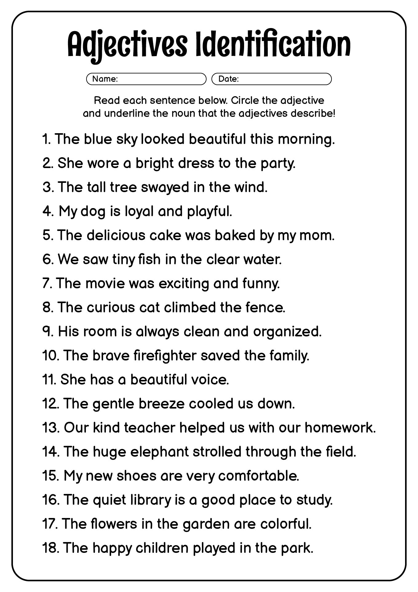 4th Grade Adjective Identification Worksheets Printable