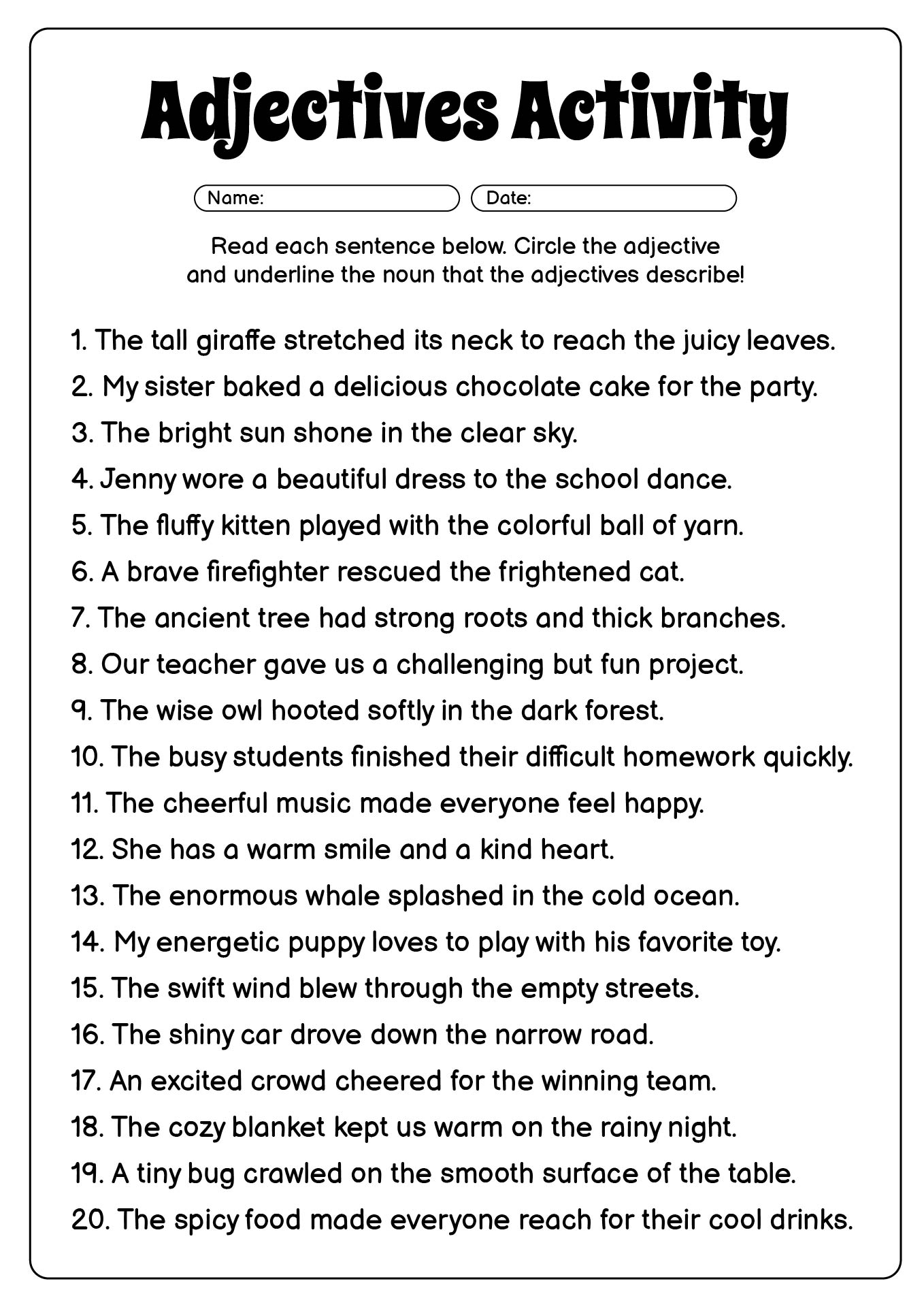 4th Grade Adjective Practice Worksheets