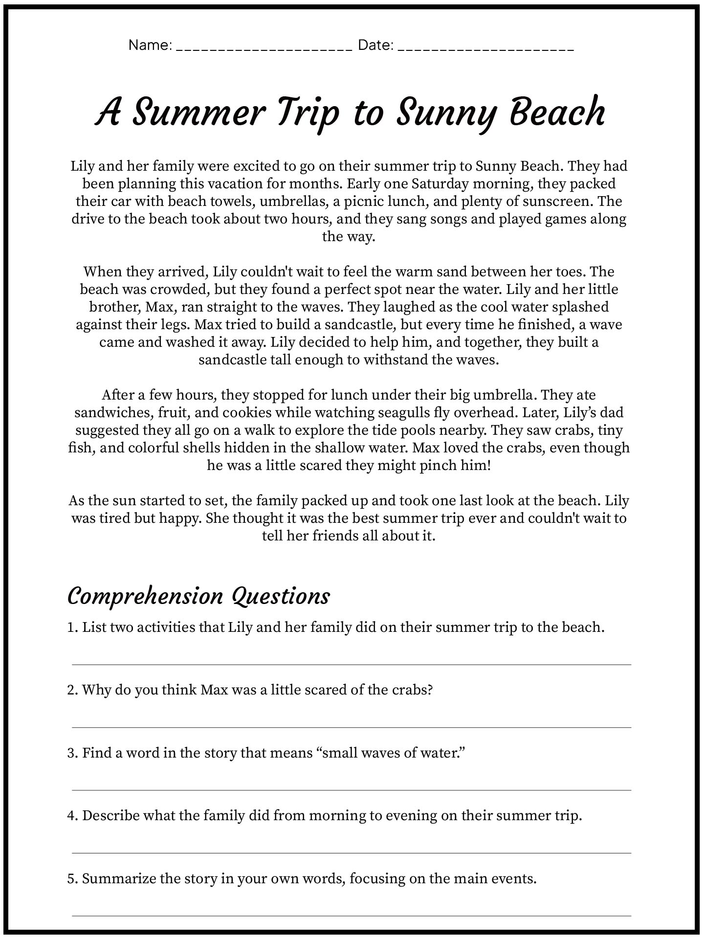 4th Grade Reading Comprehension Practice Sheets