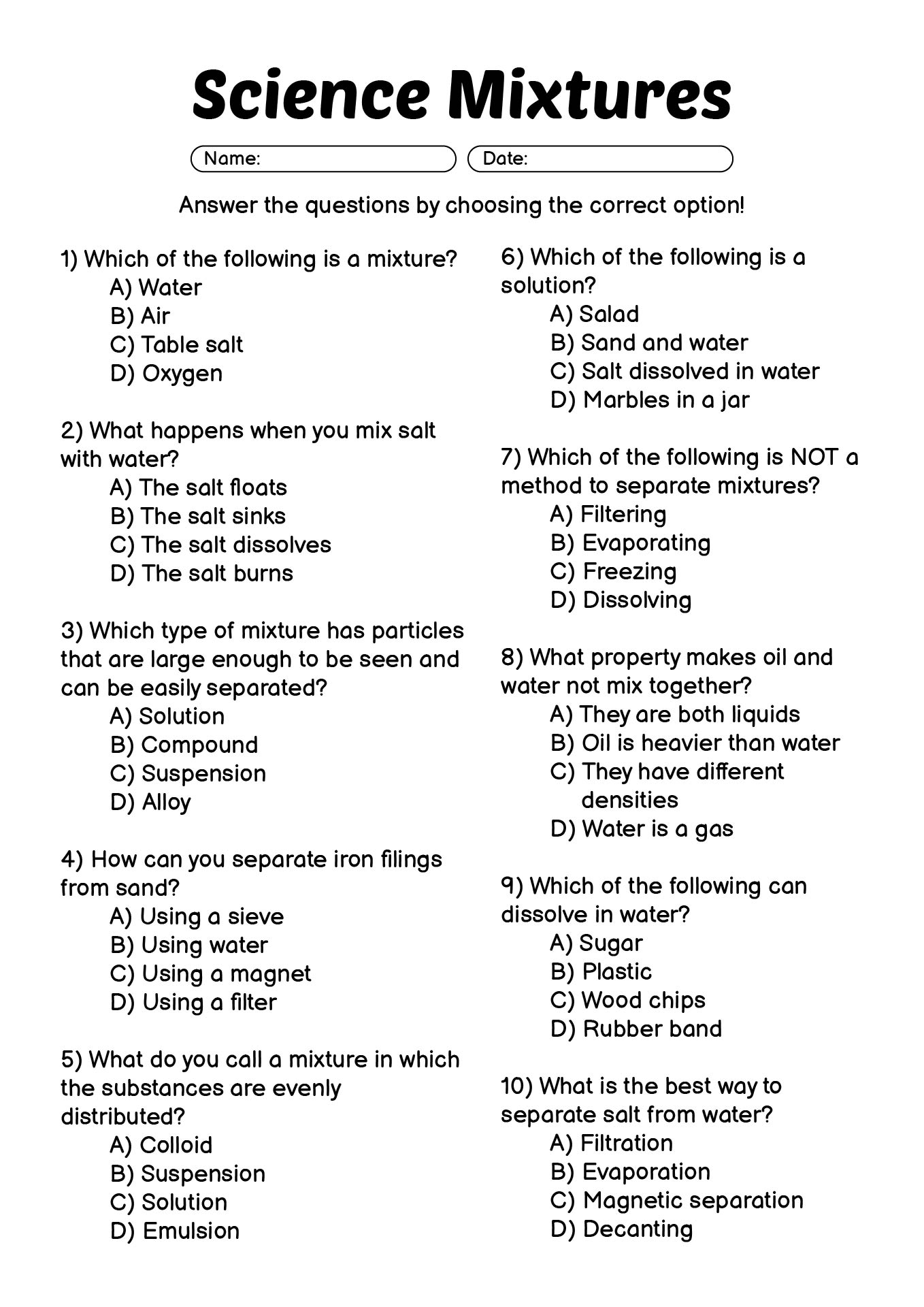 5th Grade Science Mixtures and Solutions Practice Sheets