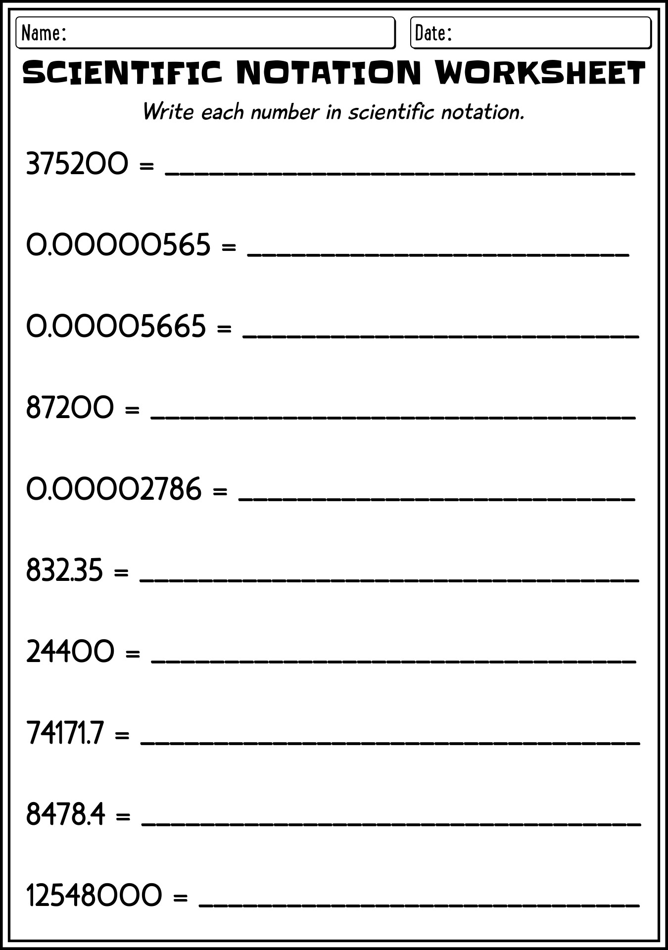 6th Grade Scientific Notation Practice Sheet