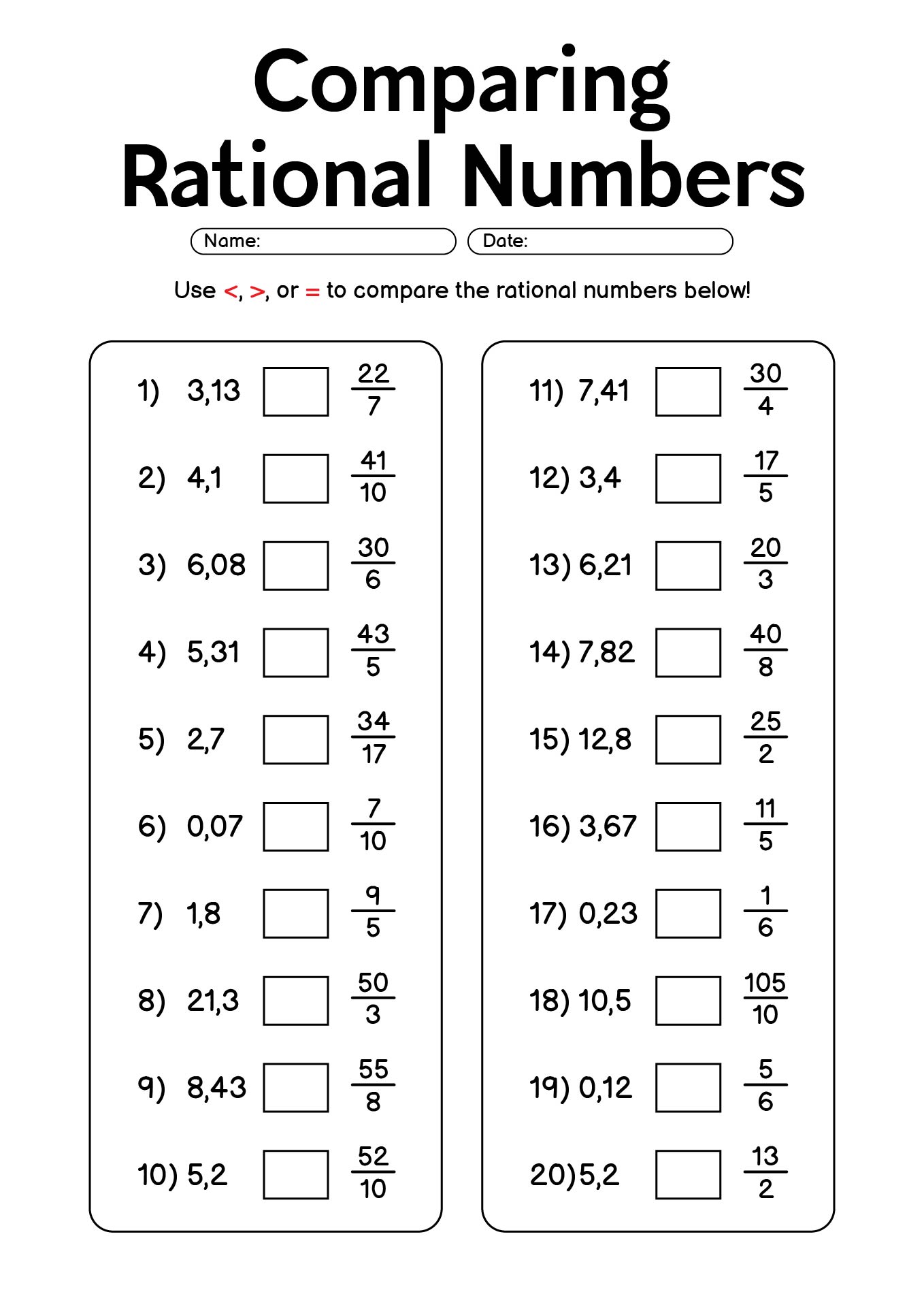 7th Grade Comparing Rational Numbers Activities