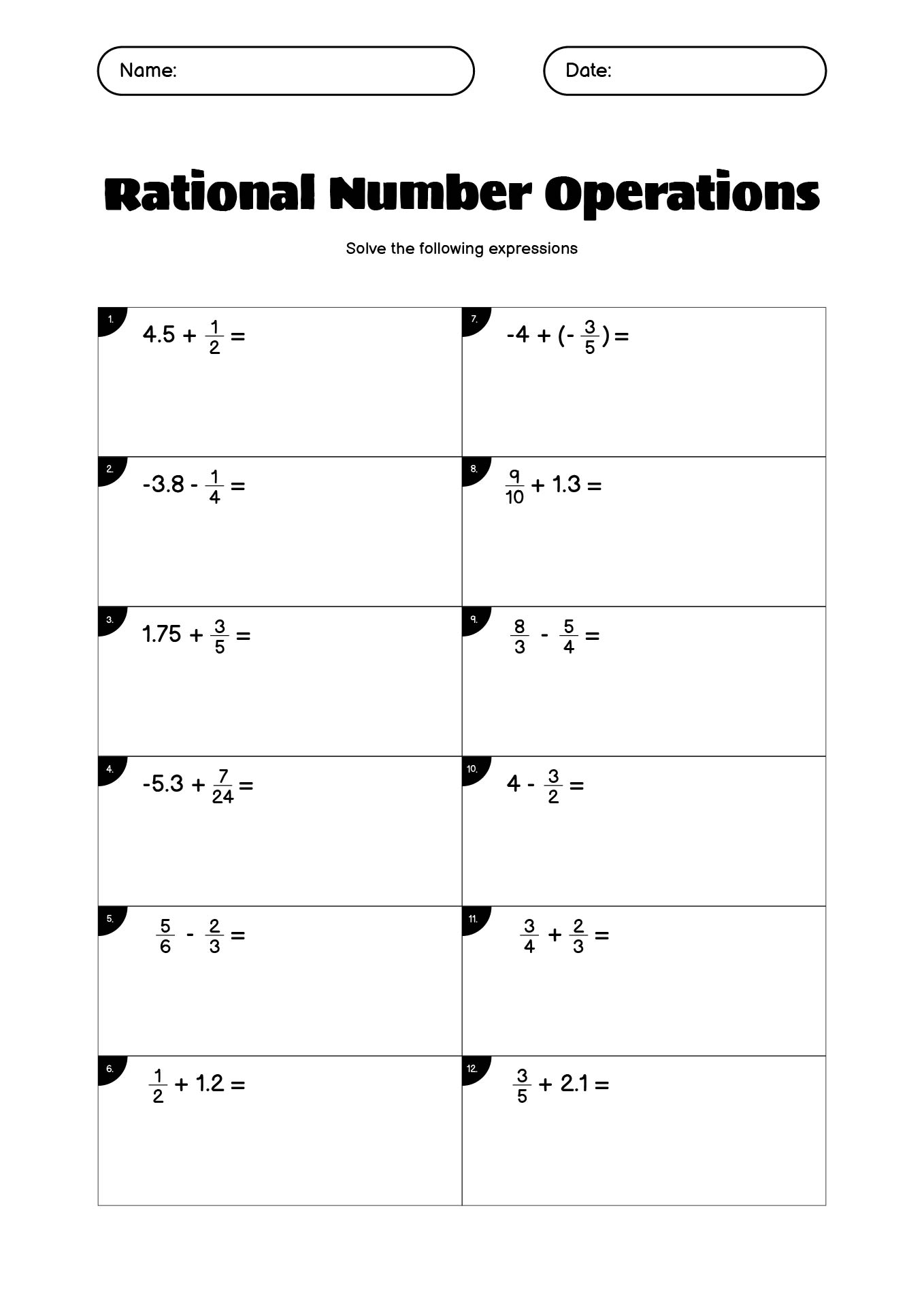 7th Grade Math Practice Sheets on Rational Numbers