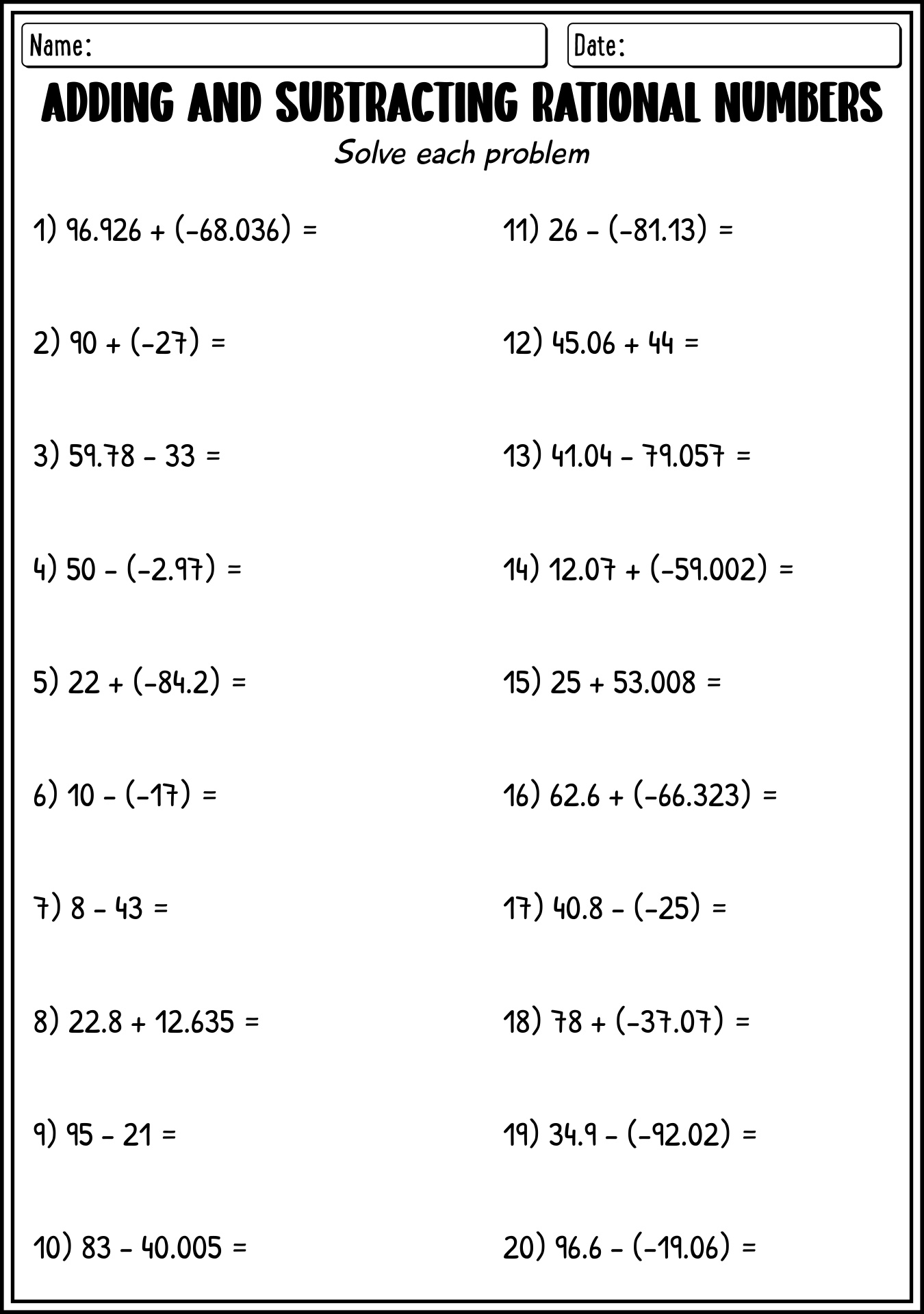 7th Grade Rational Numbers Practice Worksheets