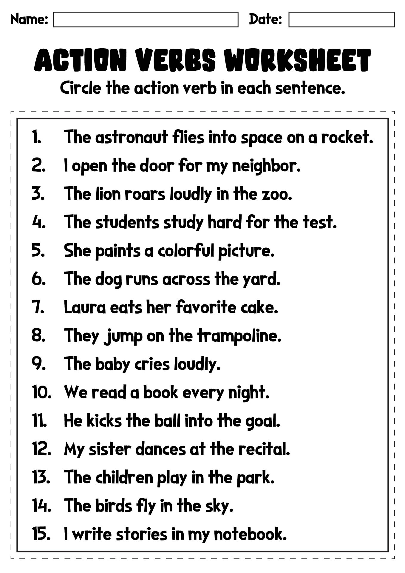 Action Verbs Printable Worksheets for Elementary