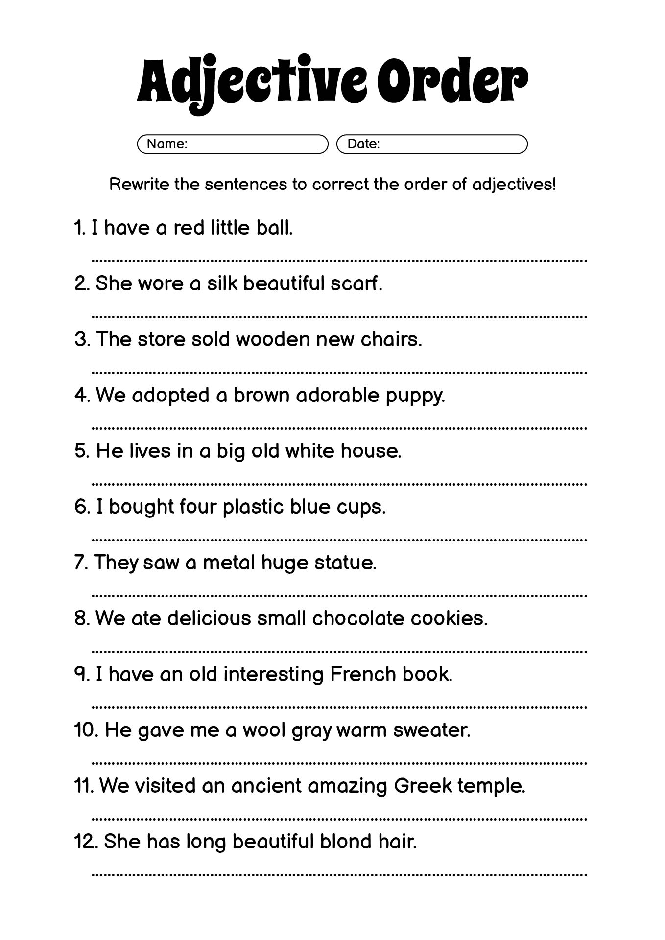 Adjective Order Practice Sheets for Fourth Grade Printable