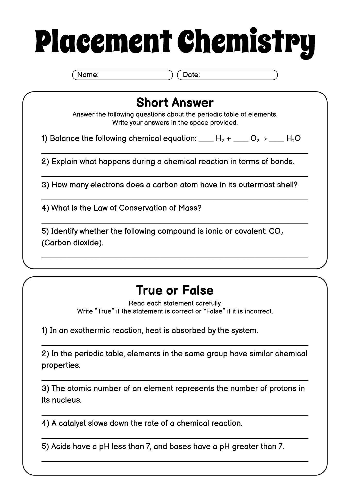 Advanced Placement Chemistry Worksheets with Practice Questions