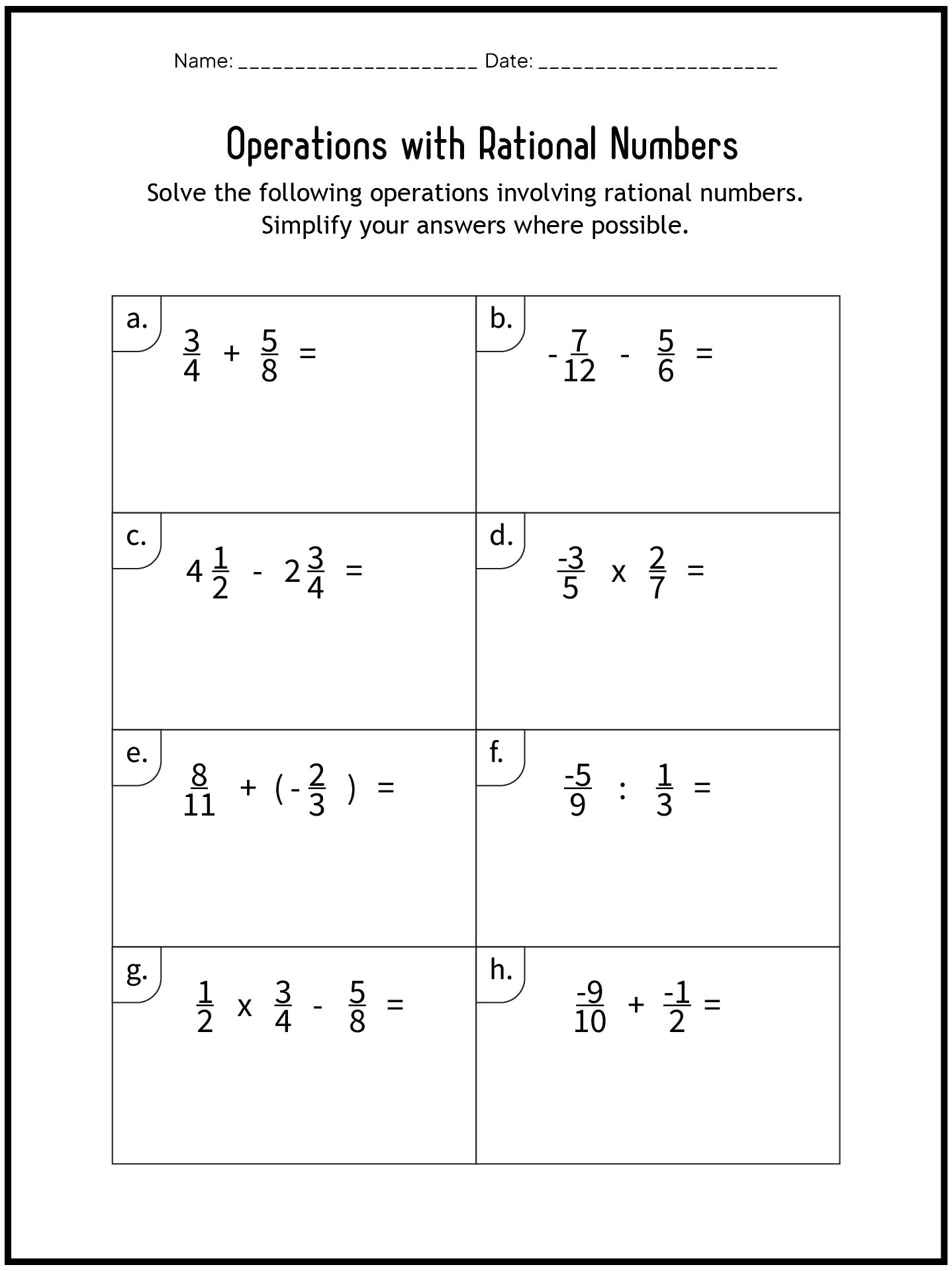 Advanced Rational Numbers Worksheets for 7th Graders