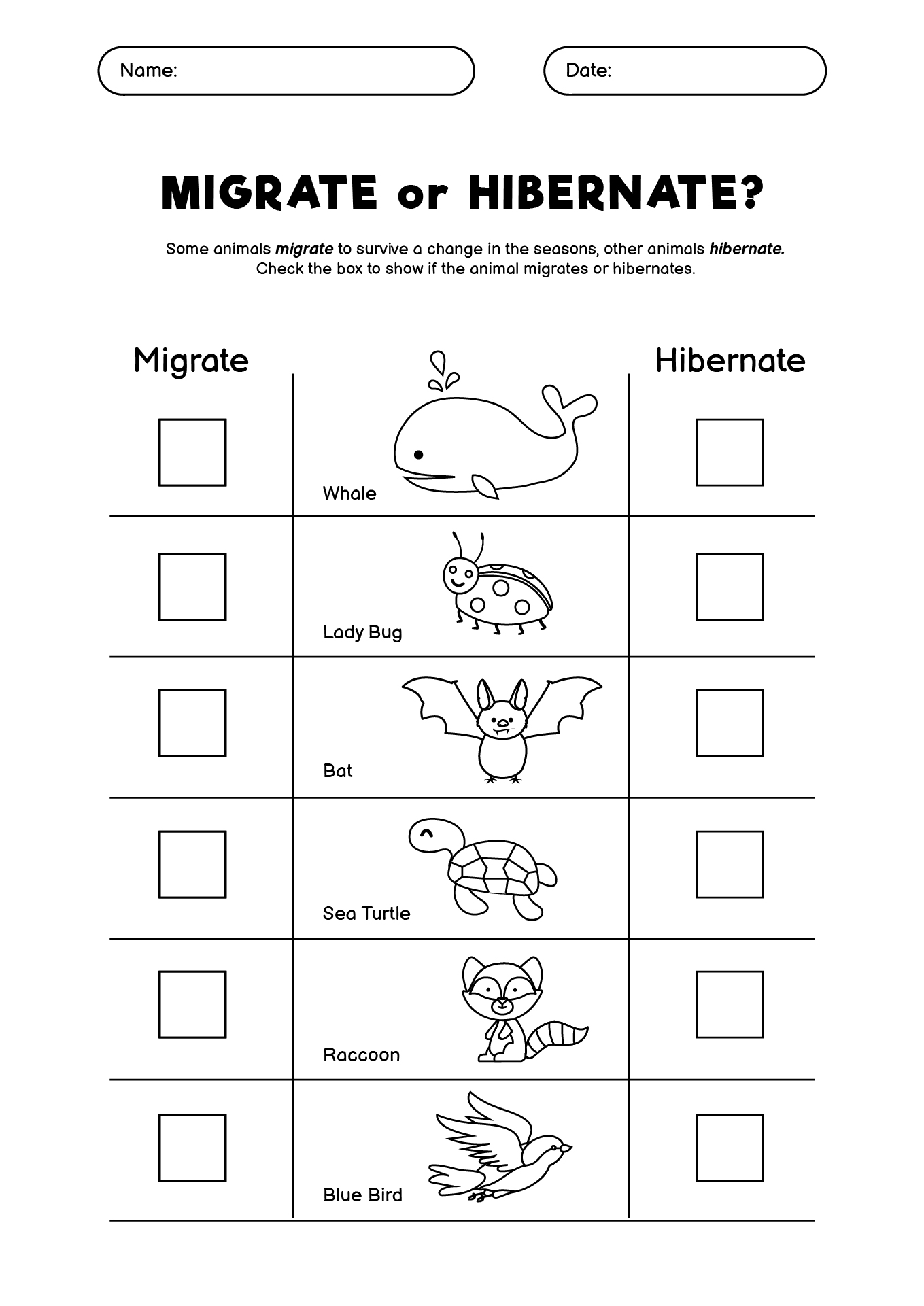 Animals Hibernation and Migration Educational Worksheets