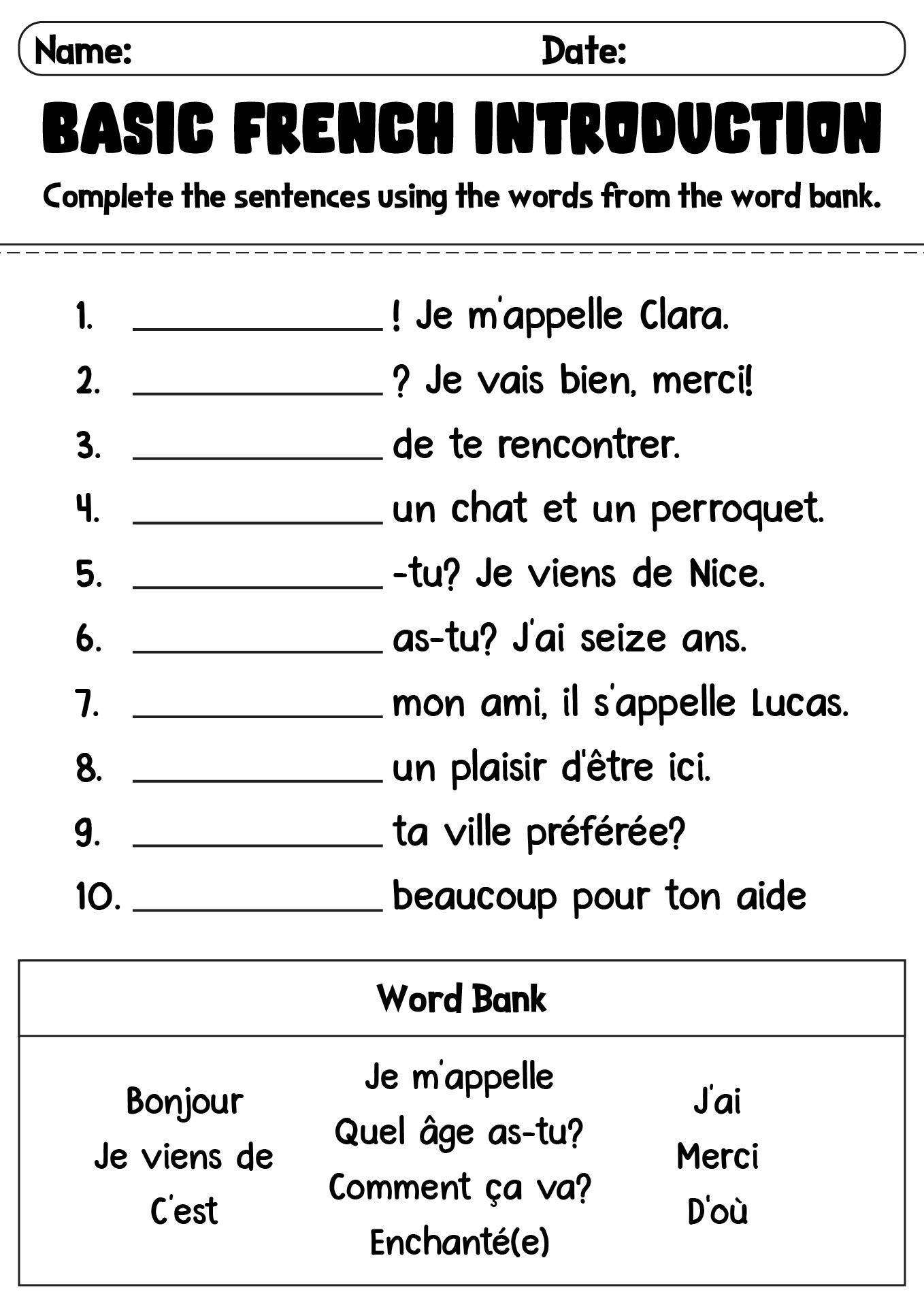 Basic French Conversations Introduction Worksheet