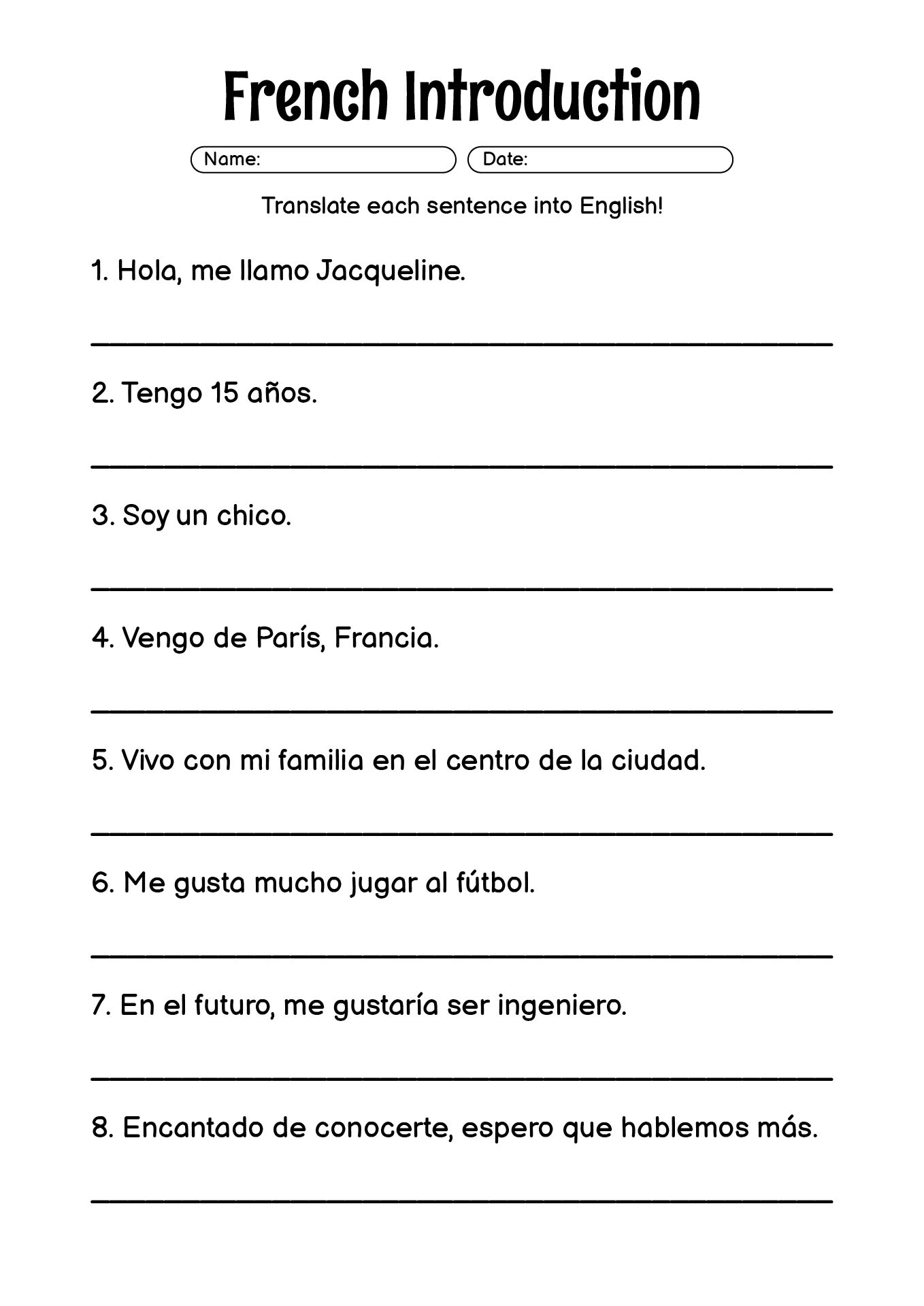 Basic French Introduction Practice Sheet