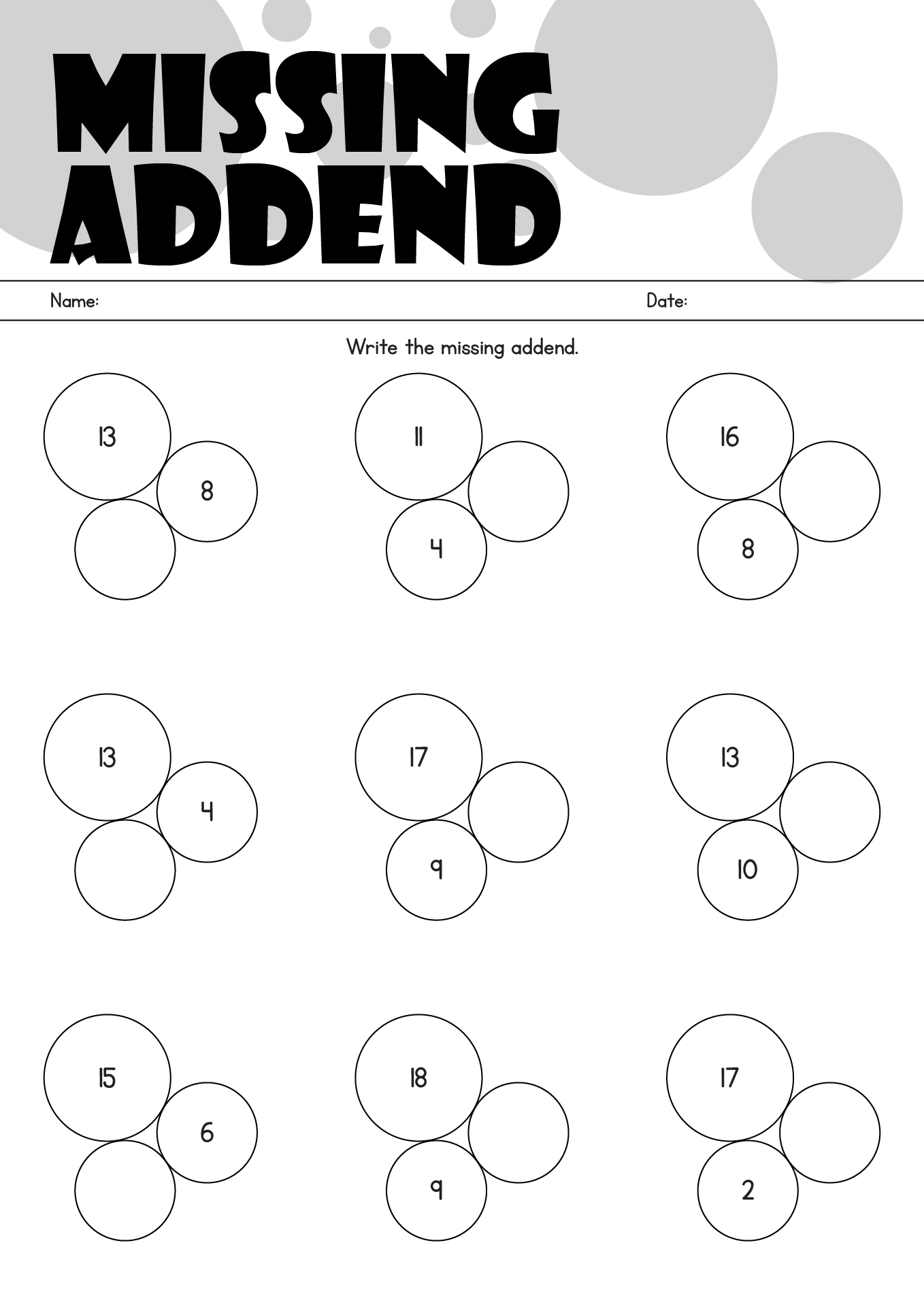 Basic Math Missing Addends Exercises Grade 1