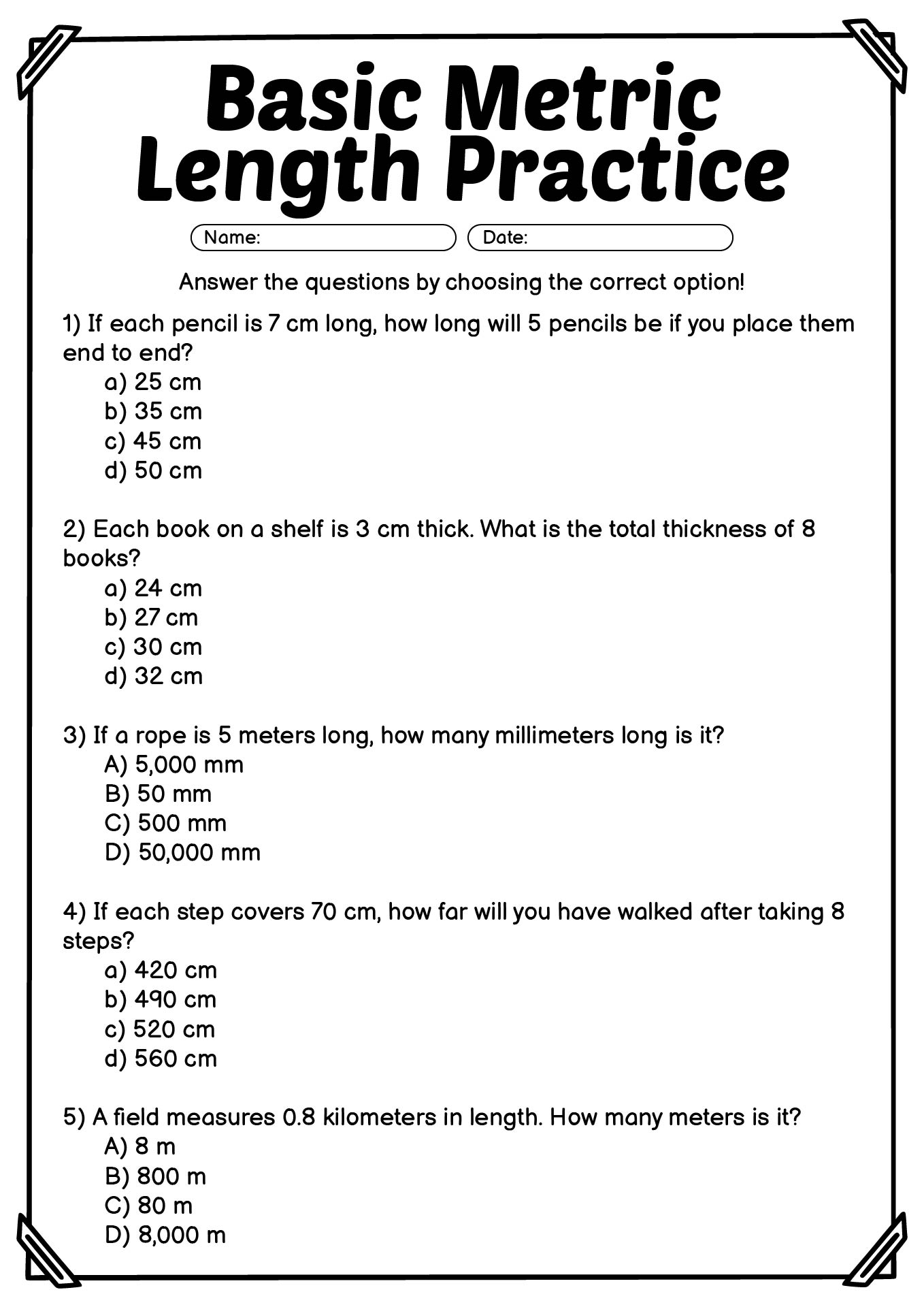 Basic Metric Length Practice Sheets for Beginners