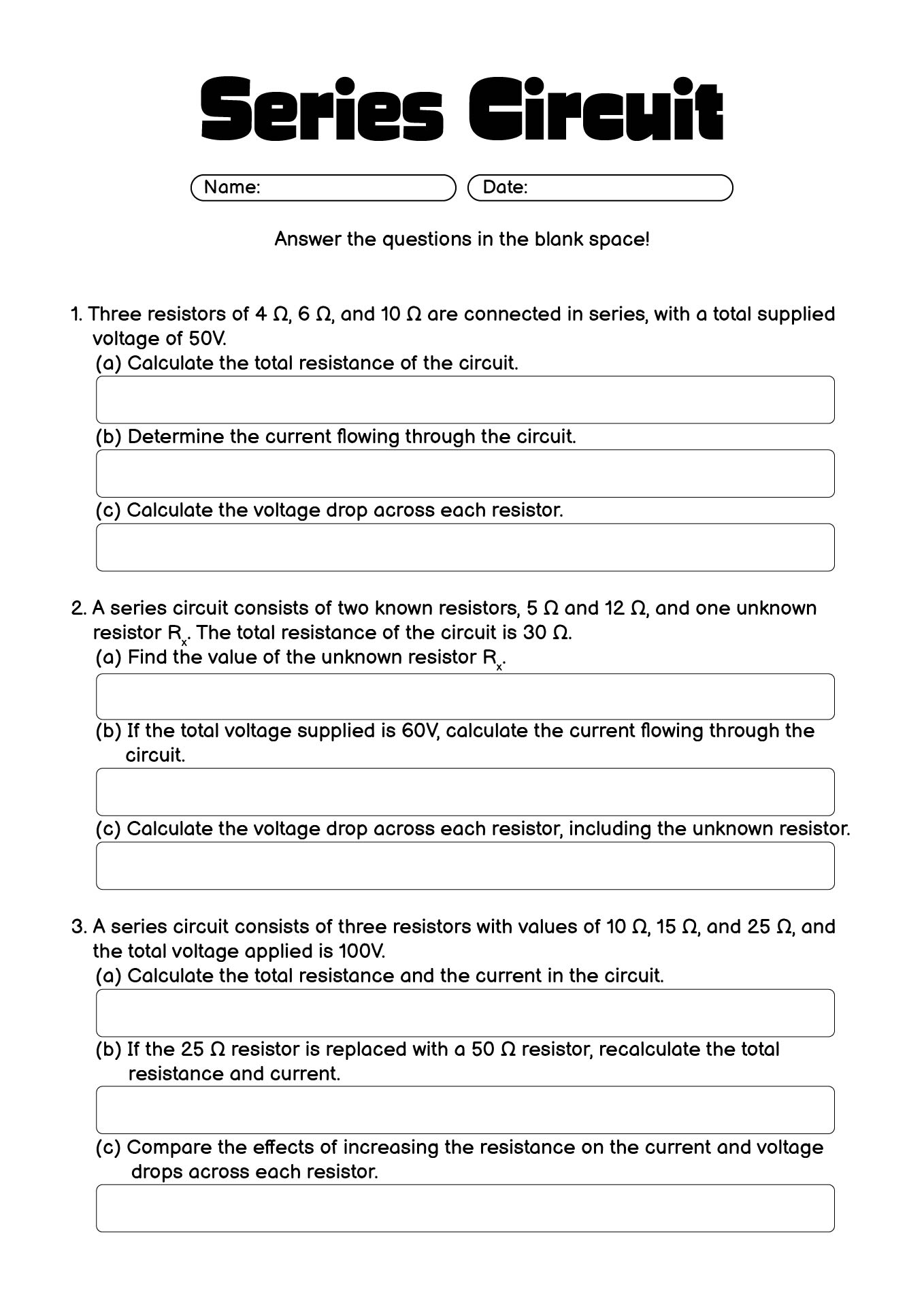 Basic Series Circuit Practice Sheet