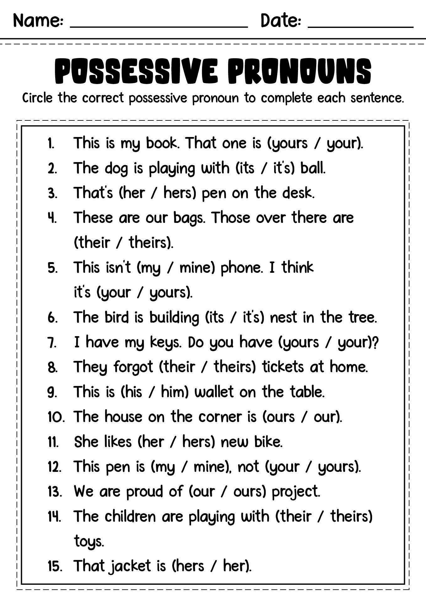 Beginner Possessive Pronouns Worksheets for Teaching ESL