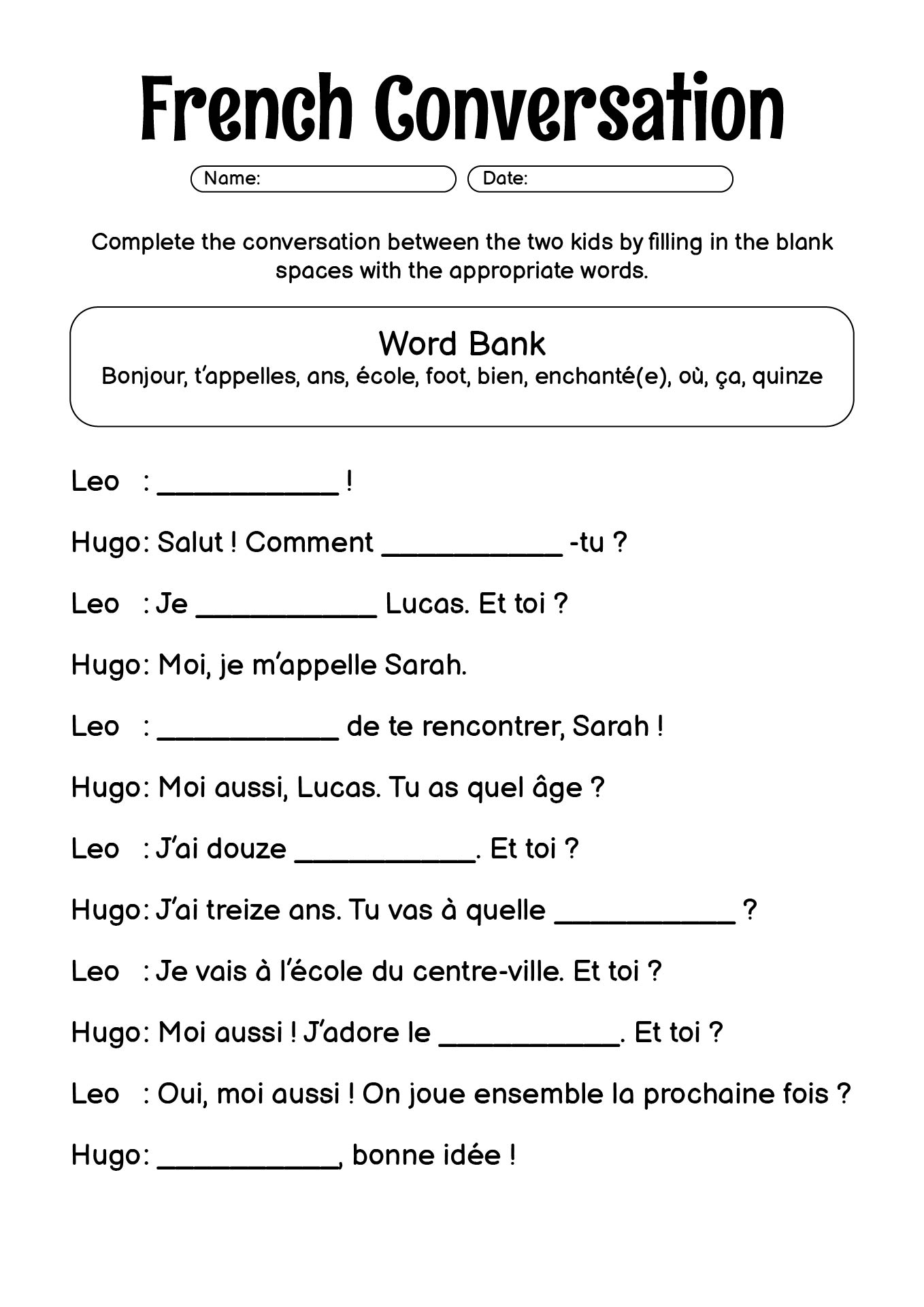 Beginner’s French Conversation Starters Worksheet