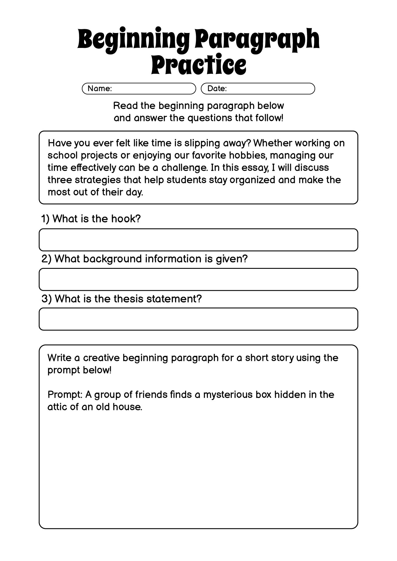 Beginning Paragraph Practice Worksheet