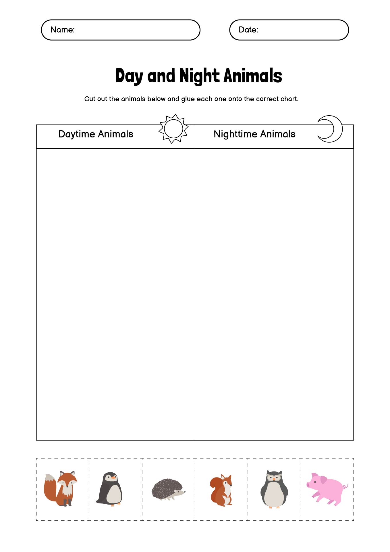 Classification of Animals by Day and Night Activities Sheet