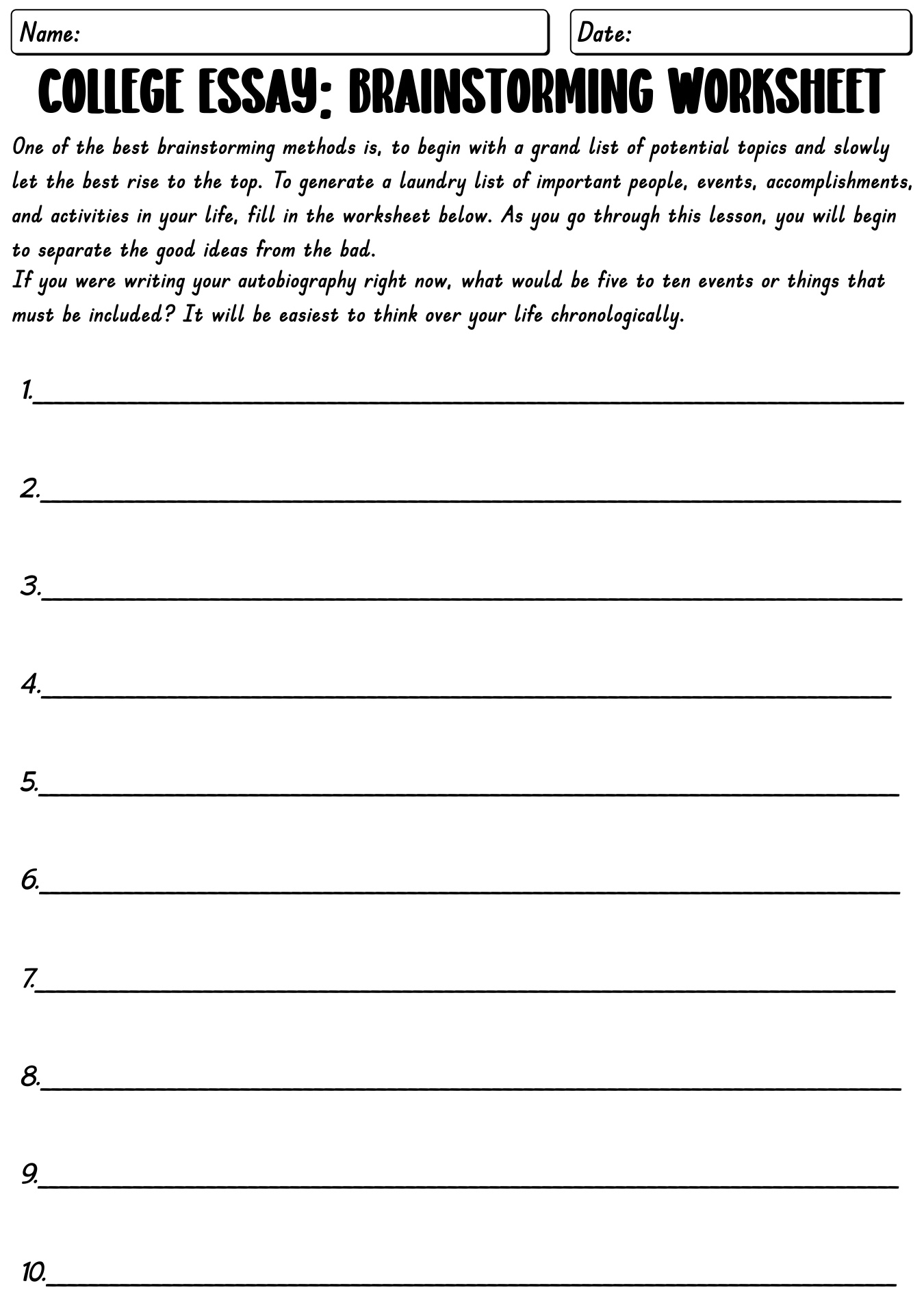 College Essay Introduction Worksheet