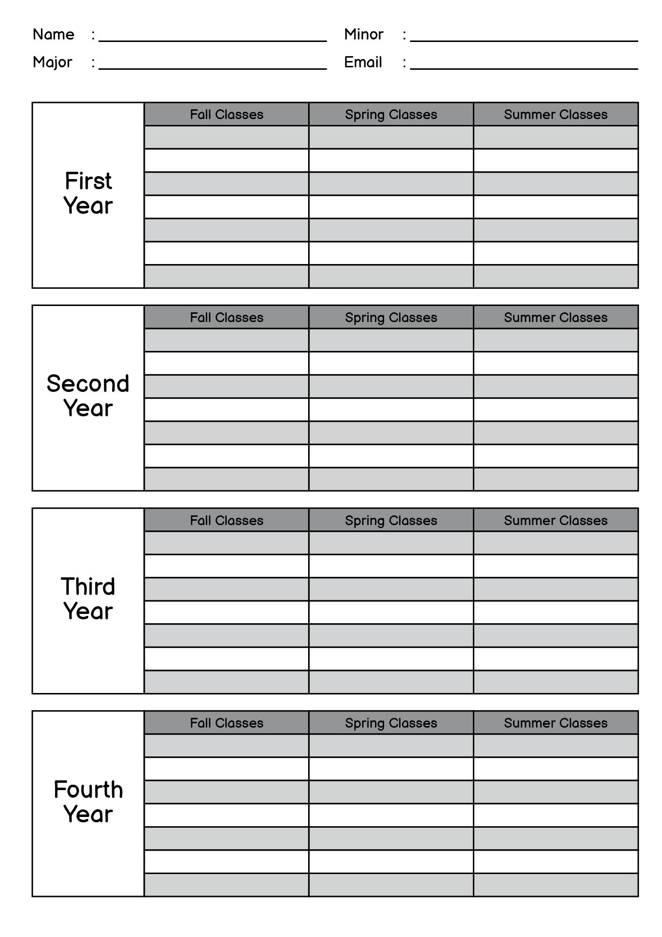 College Four-Year Course Planner Worksheet