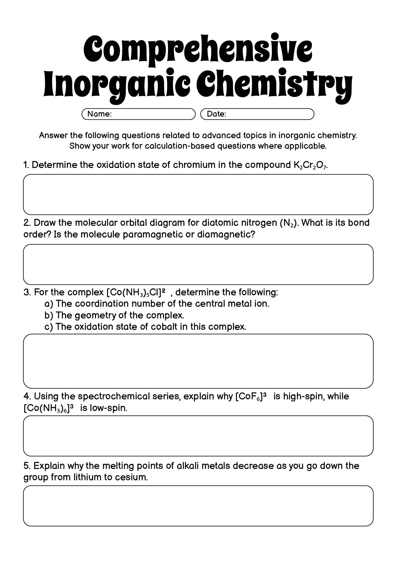 Comprehensive Inorganic Chemistry Worksheets for College Students