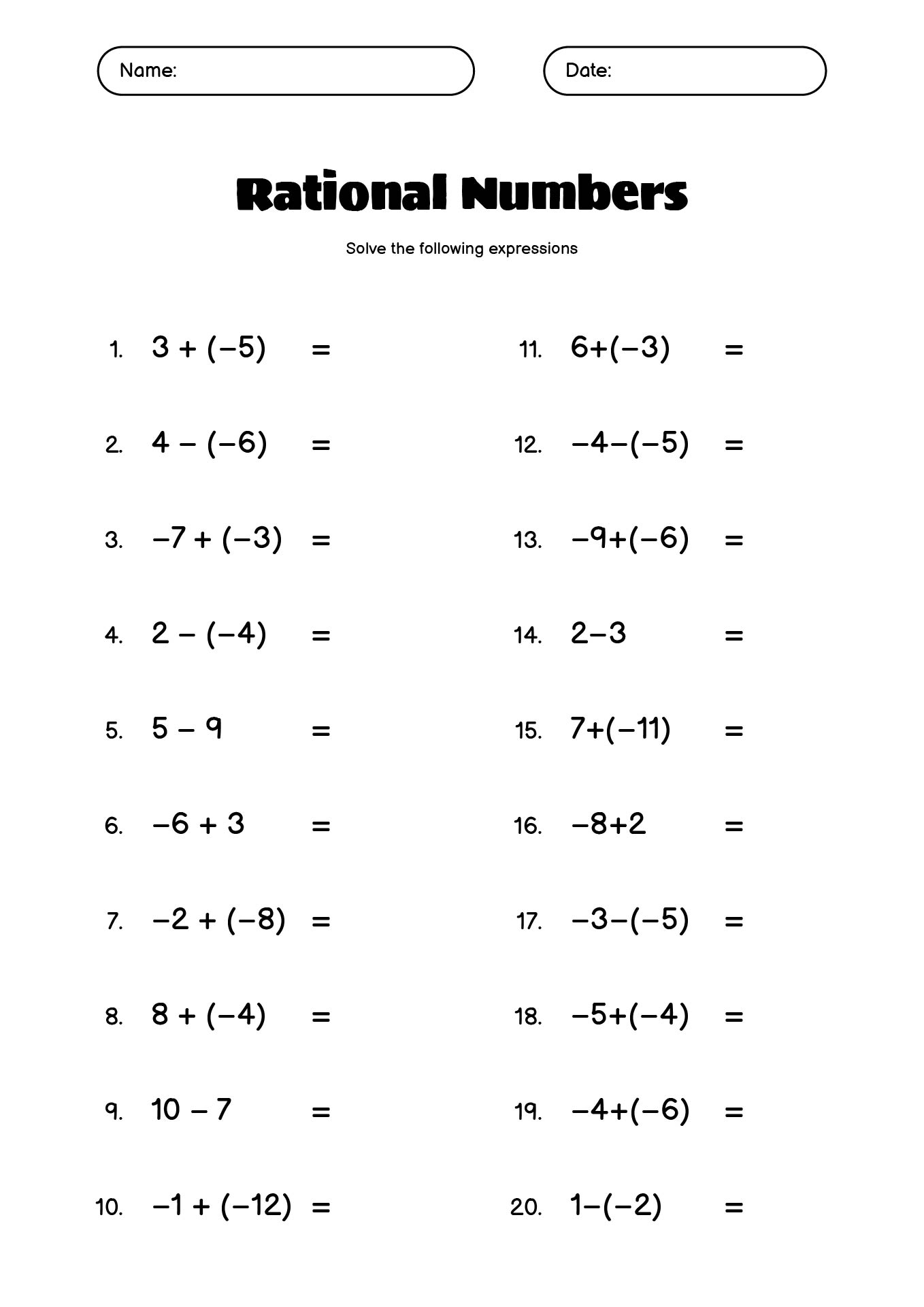 Comprehensive Rational Numbers Worksheets for Grade 7