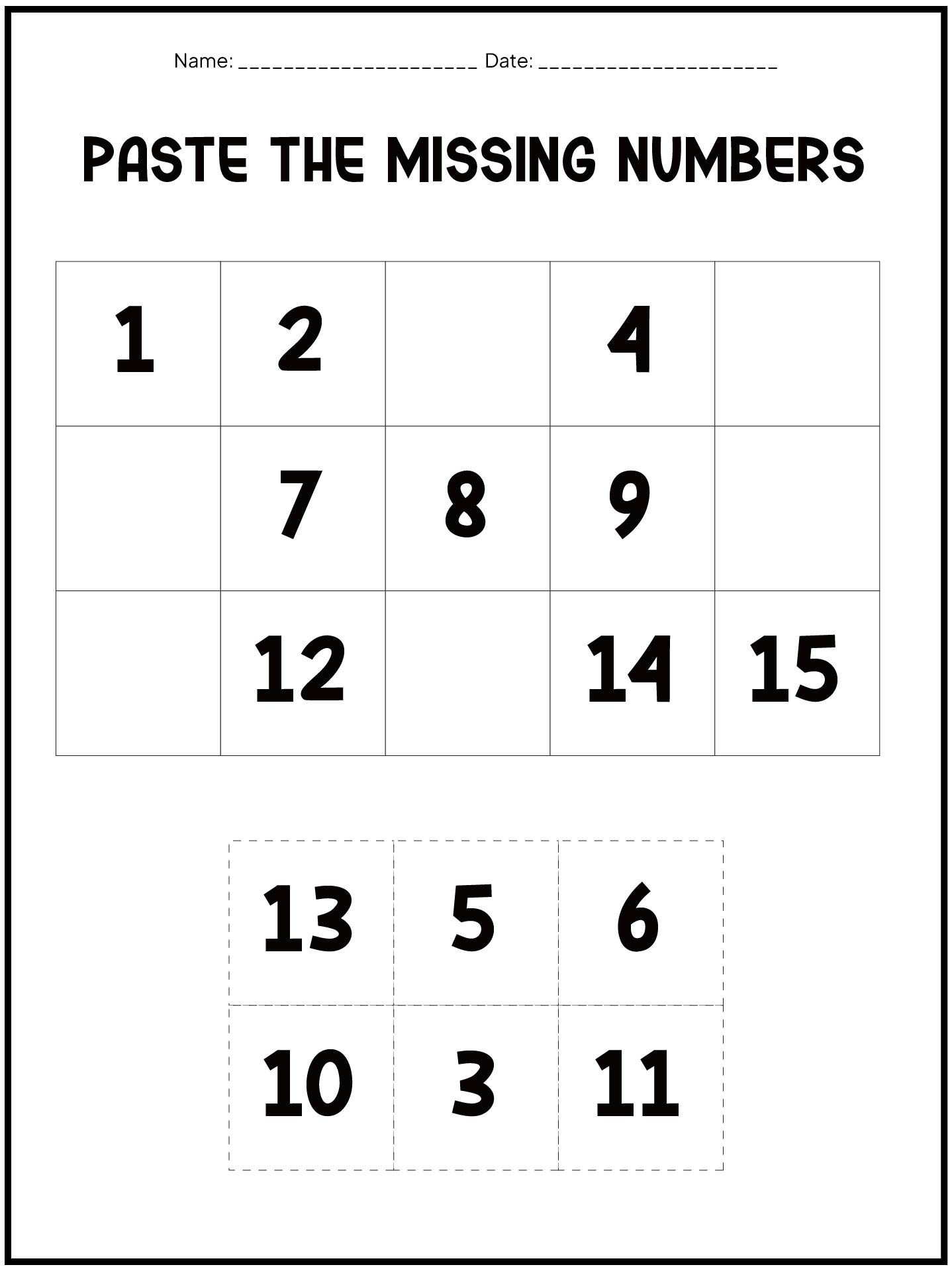 Cut and Paste Missing Numbers Games for Kindergarten