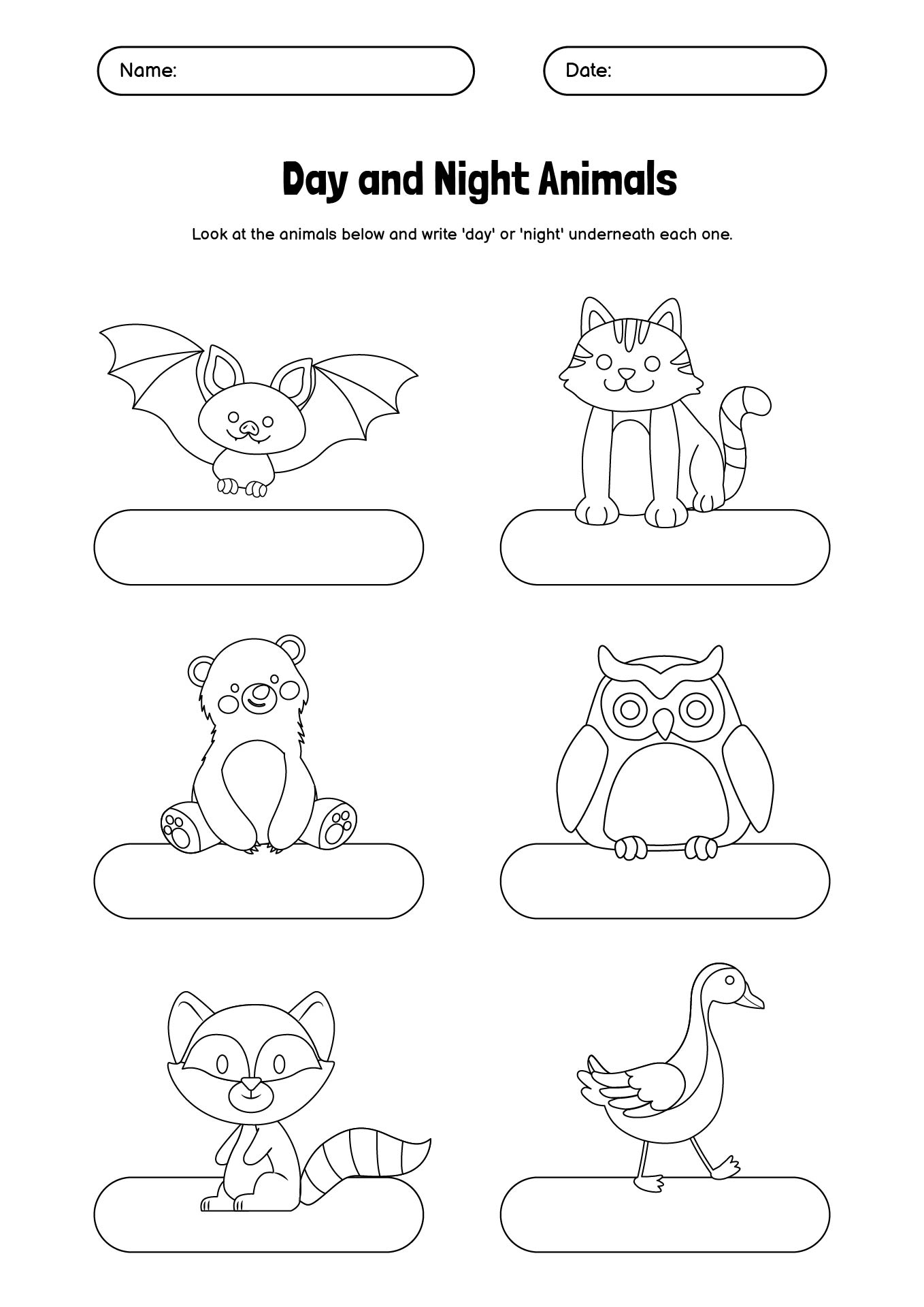 Day and Night Animal Habitats Educational Worksheet