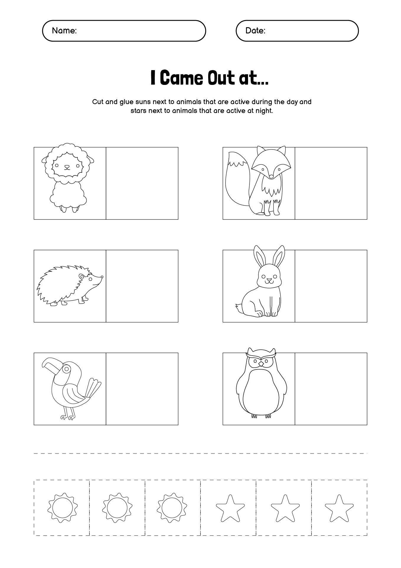 Day and Night Animals Activity Sheet for Kids