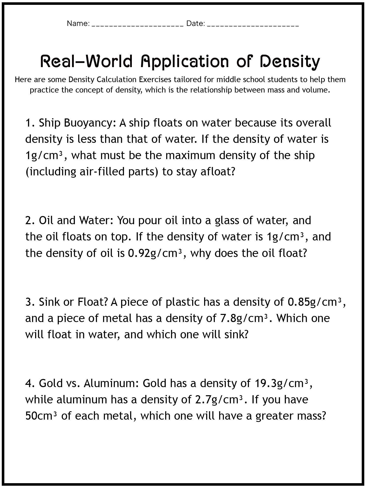 Density Calculation Exercises for Middle School Students