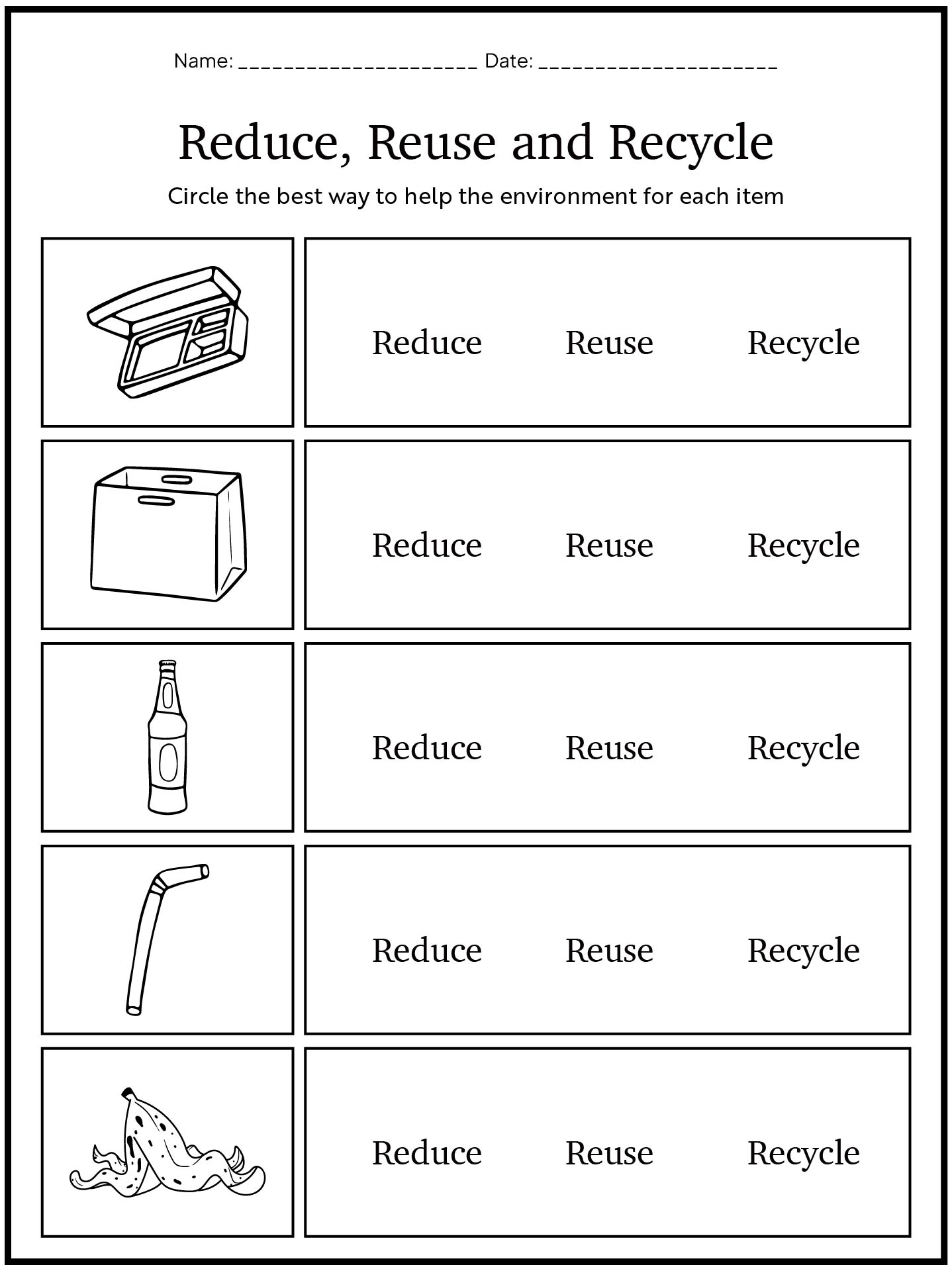 Different Types of Recyclables Worksheet