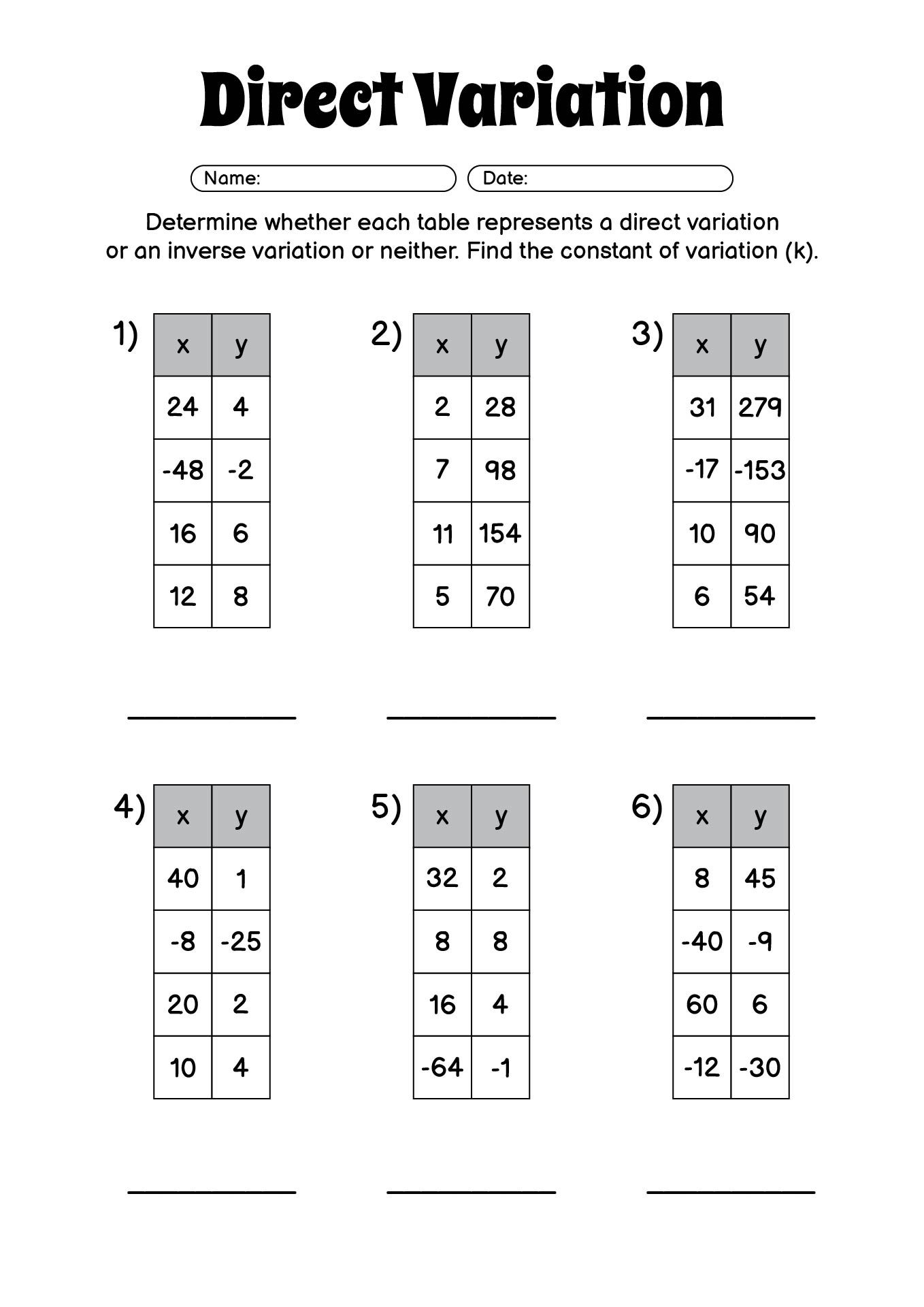 Direct Variation Practice Worksheets