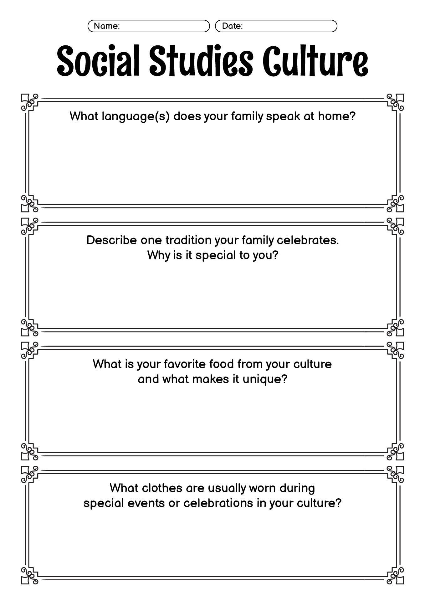 Elementary Social Studies Culture and Traditions Exercises