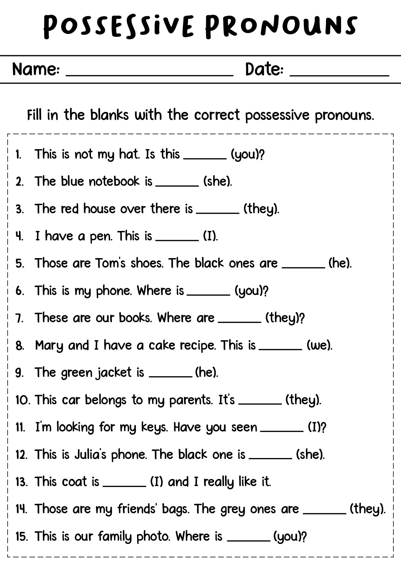 ESL Possessive Pronouns Learning Materials