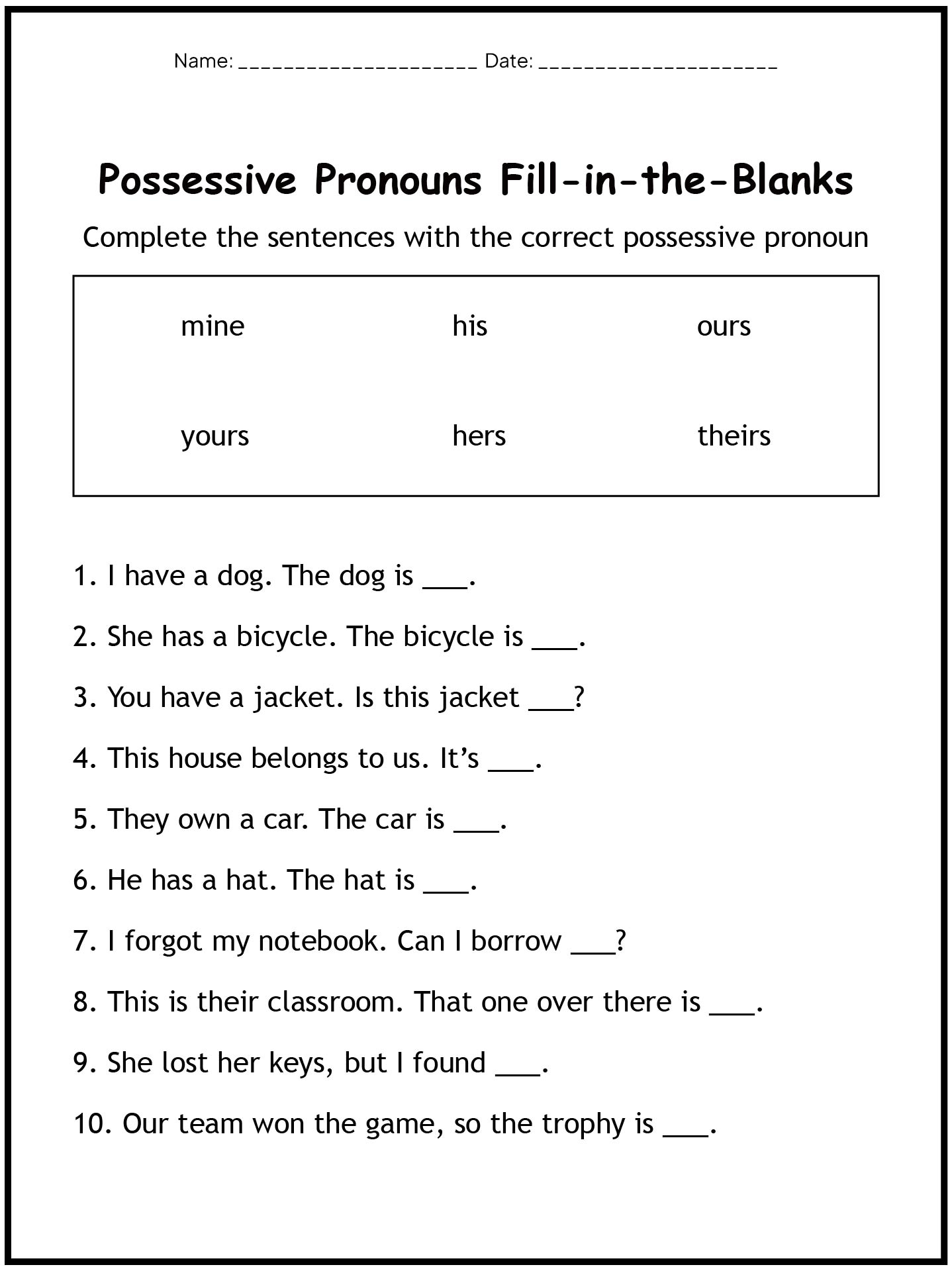 ESL Possessive Pronouns Practice Sheets