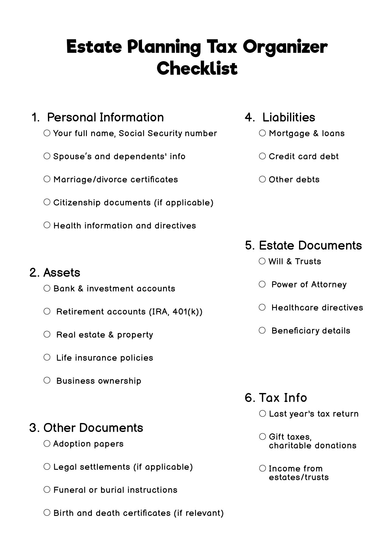 Estate Planning Tax Organizer Checklist