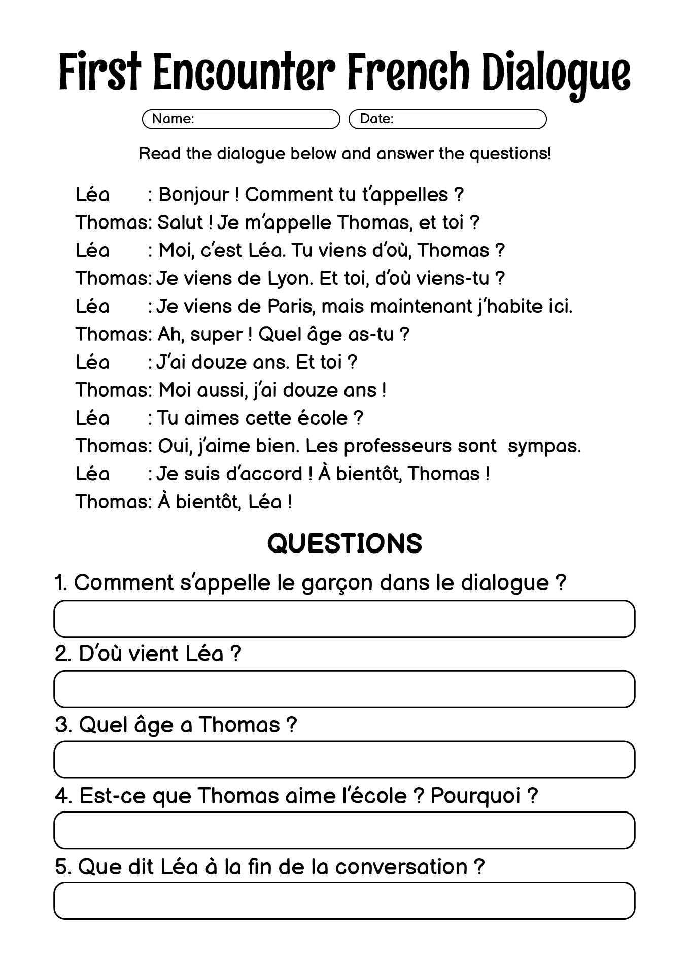 First Encounter French Dialogue Worksheet