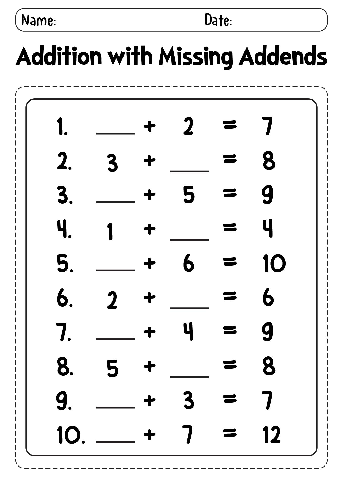 First Grade Addition Worksheets With Missing Addends