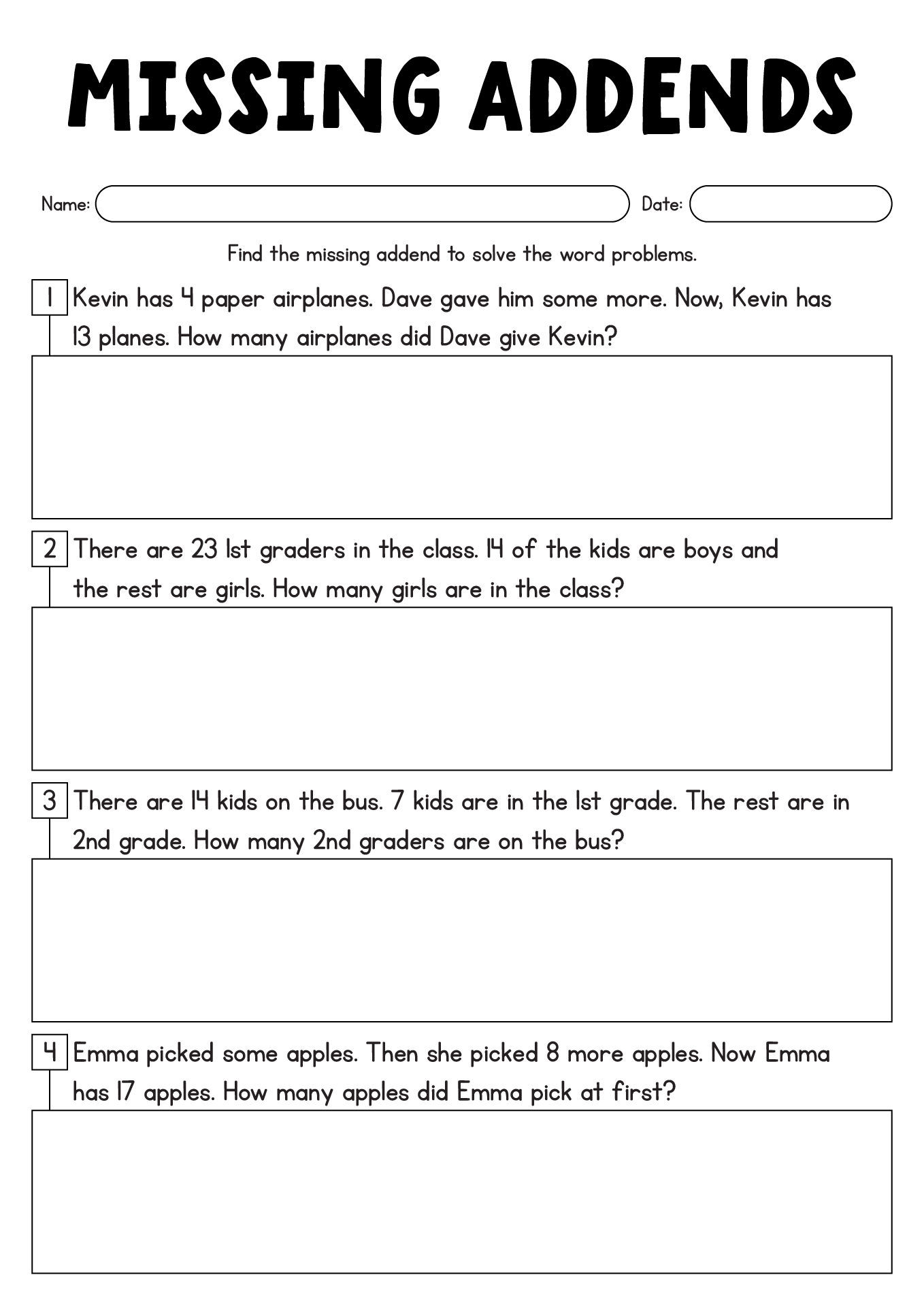 First Grade Missing Addends Math Problems